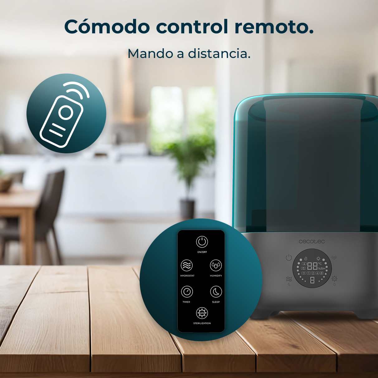 Un humidificador oscuro sobre una mesa de madera, con un gráfico de control remoto en primer plano.