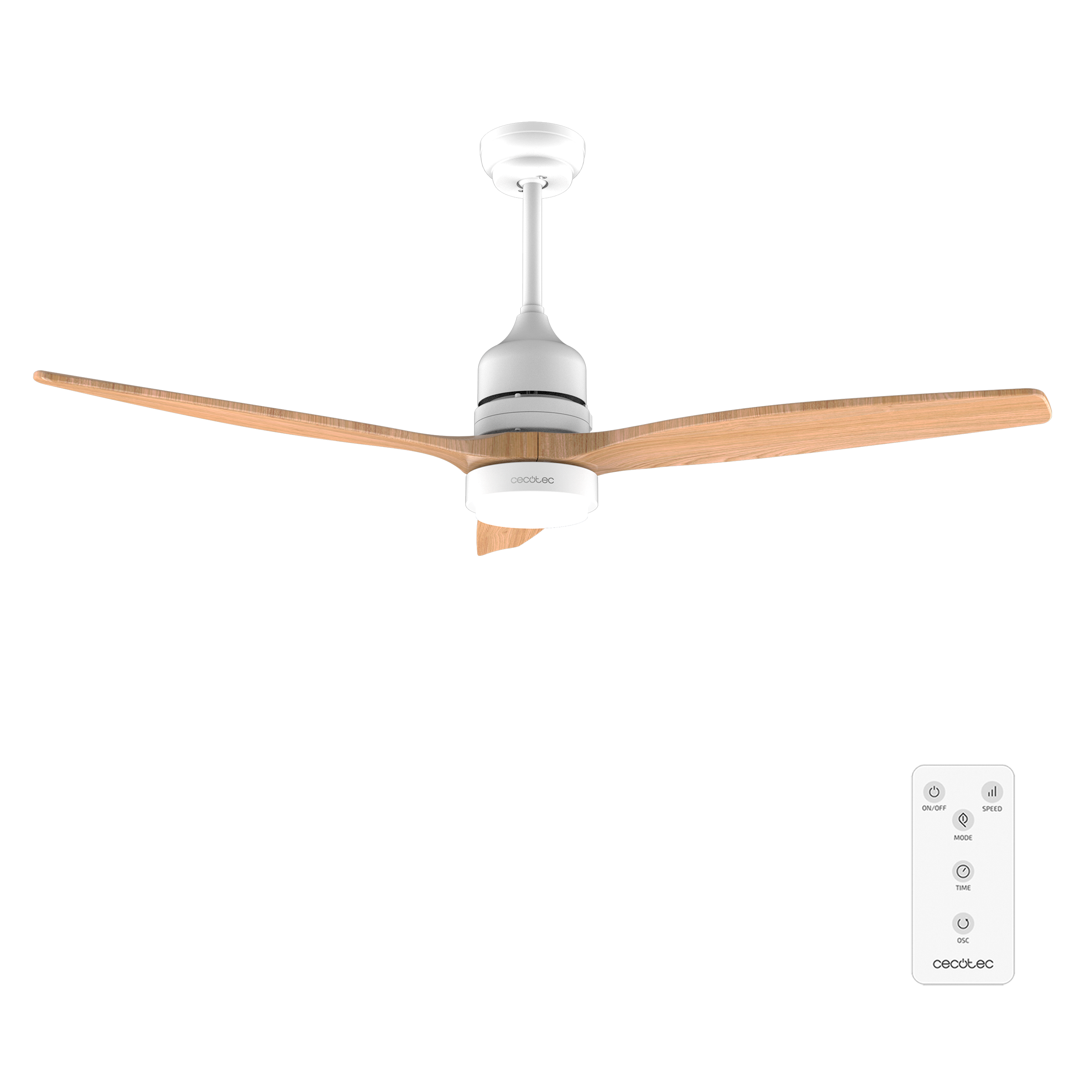 Un ventilador de techo blanco con tres aspas de madera, luz integrada y un mando a distancia.