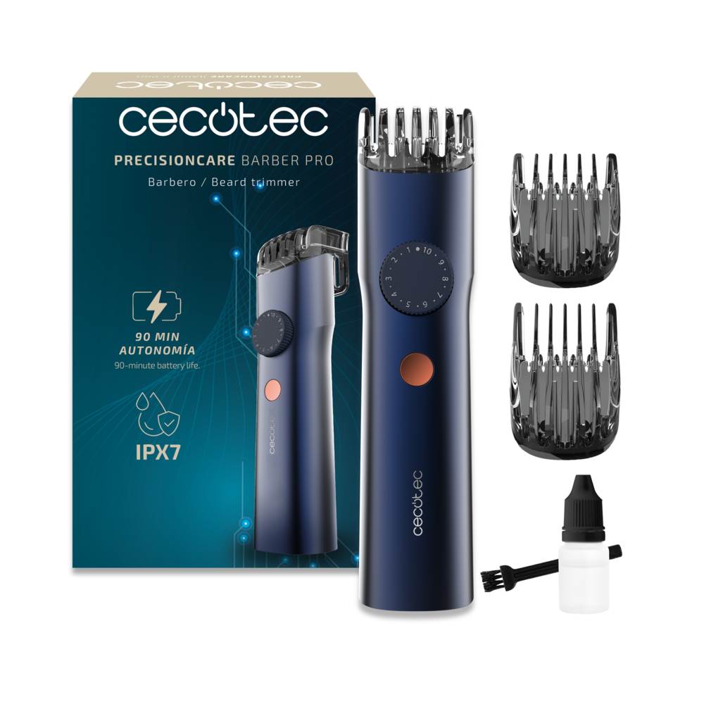 Recortadora de barba Cecotec PrecisionCare Barber Pro con caja, dos peines, cepillo y aceite.
