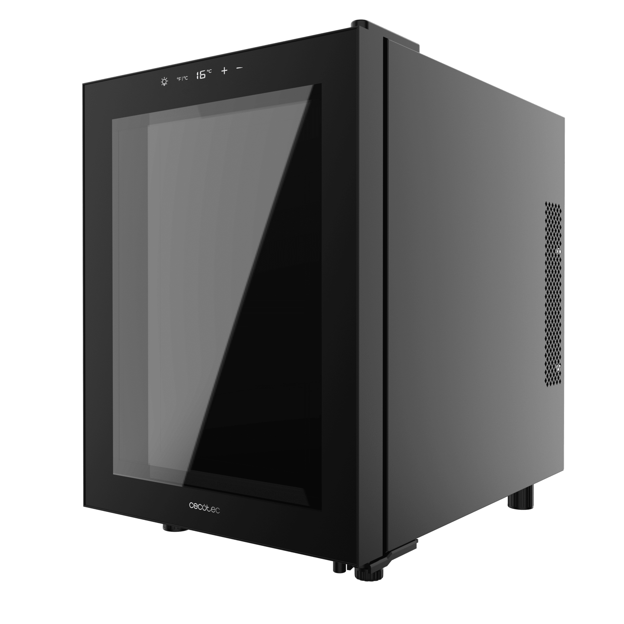 Una vinoteca negra compacta con puerta de cristal, panel táctil superior y logotipo de Cecotec sobre fondo negro.