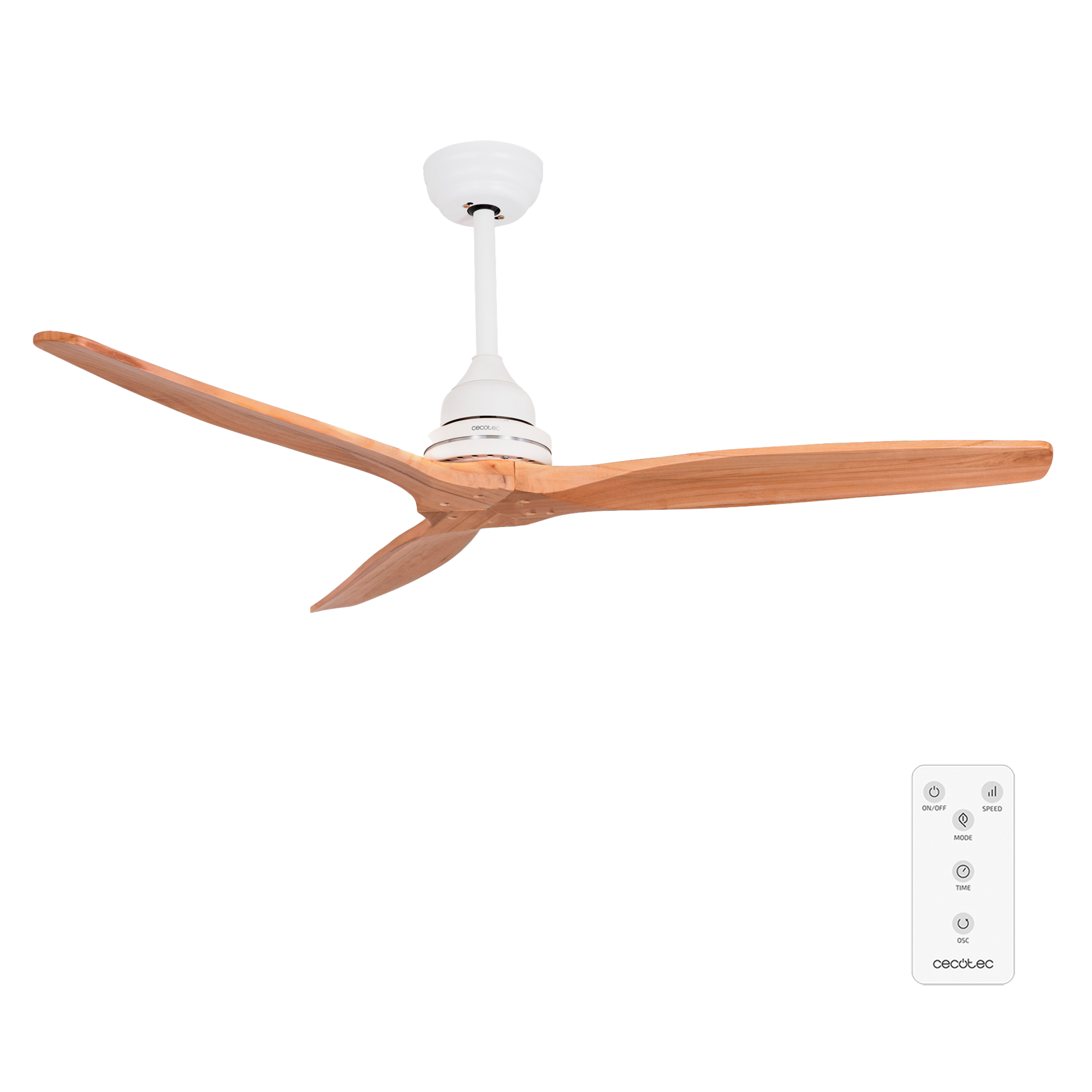 Ventilador de techo blanco con tres aspas de madera y control remoto sobre fondo negro.