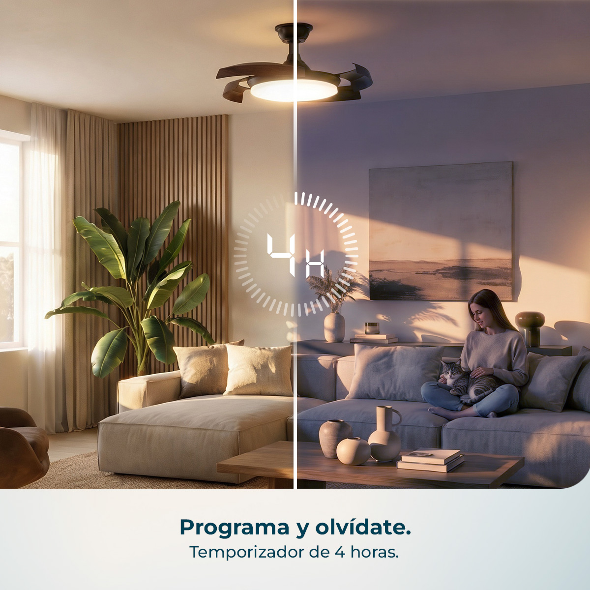 Sala de estar con ventilador de techo y un icono de temporizador de 4 horas.