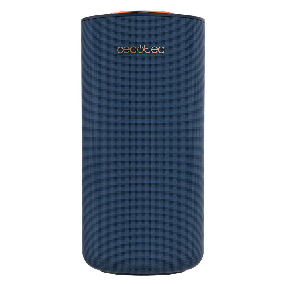 Un purificador de aire azul cilíndrico con el logotipo de Cecotec en color cobre sobre fondo negro.
