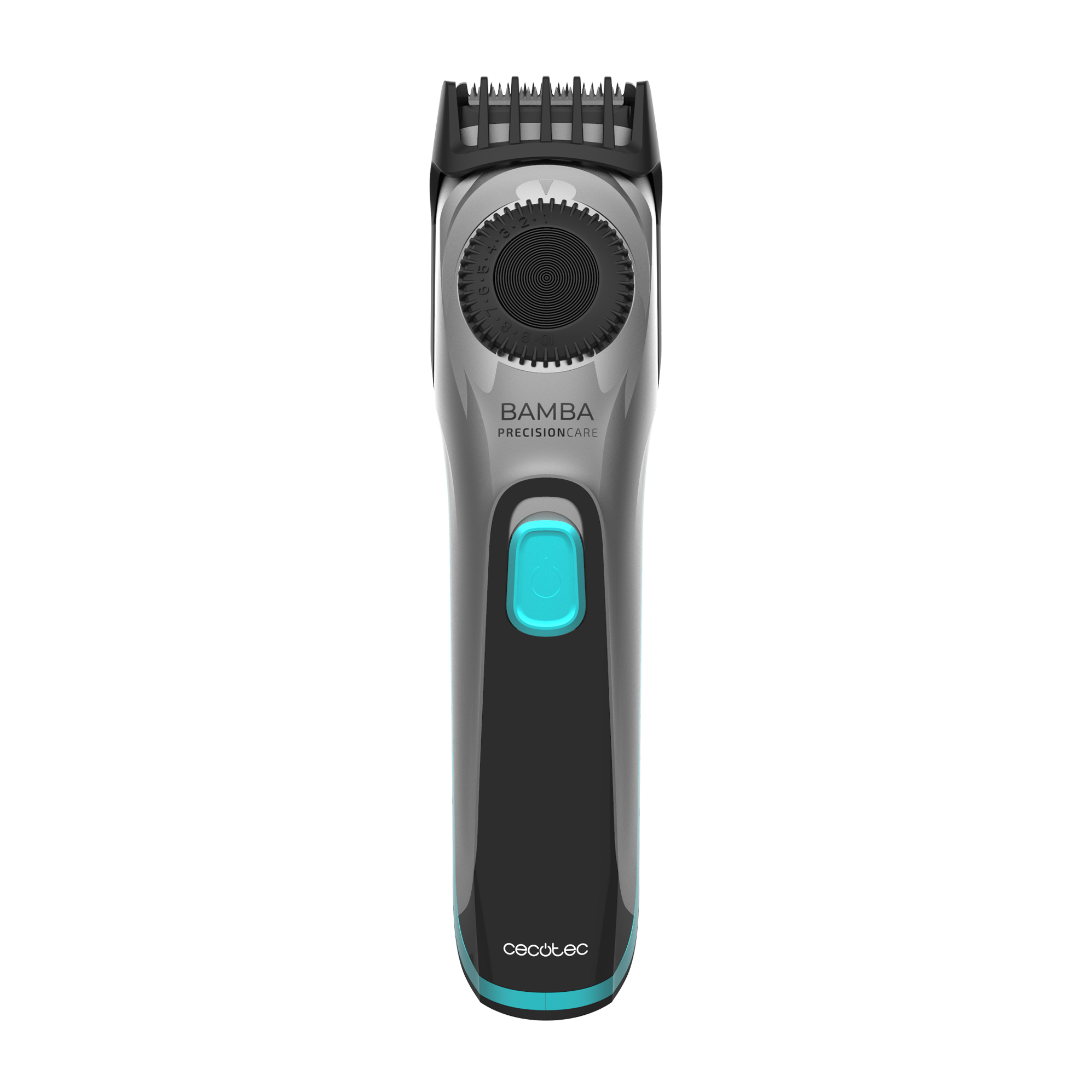 Una cortadora de cabello plateada y negra con un botón de encendido azul y un dial ajustable sobre un fondo negro.