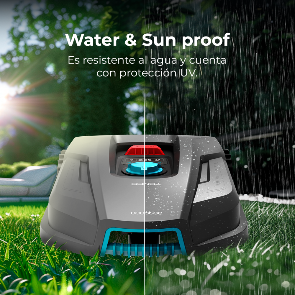 Robot cortacésped resistente al agua y a los rayos UV en un jardín.