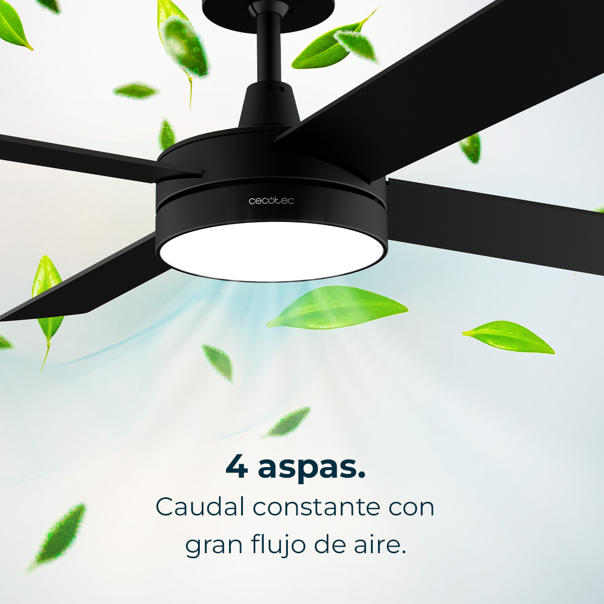 Ventilador de techo negro con cuatro aspas e iluminación integrada, rodeado de hojas verdes flotantes.