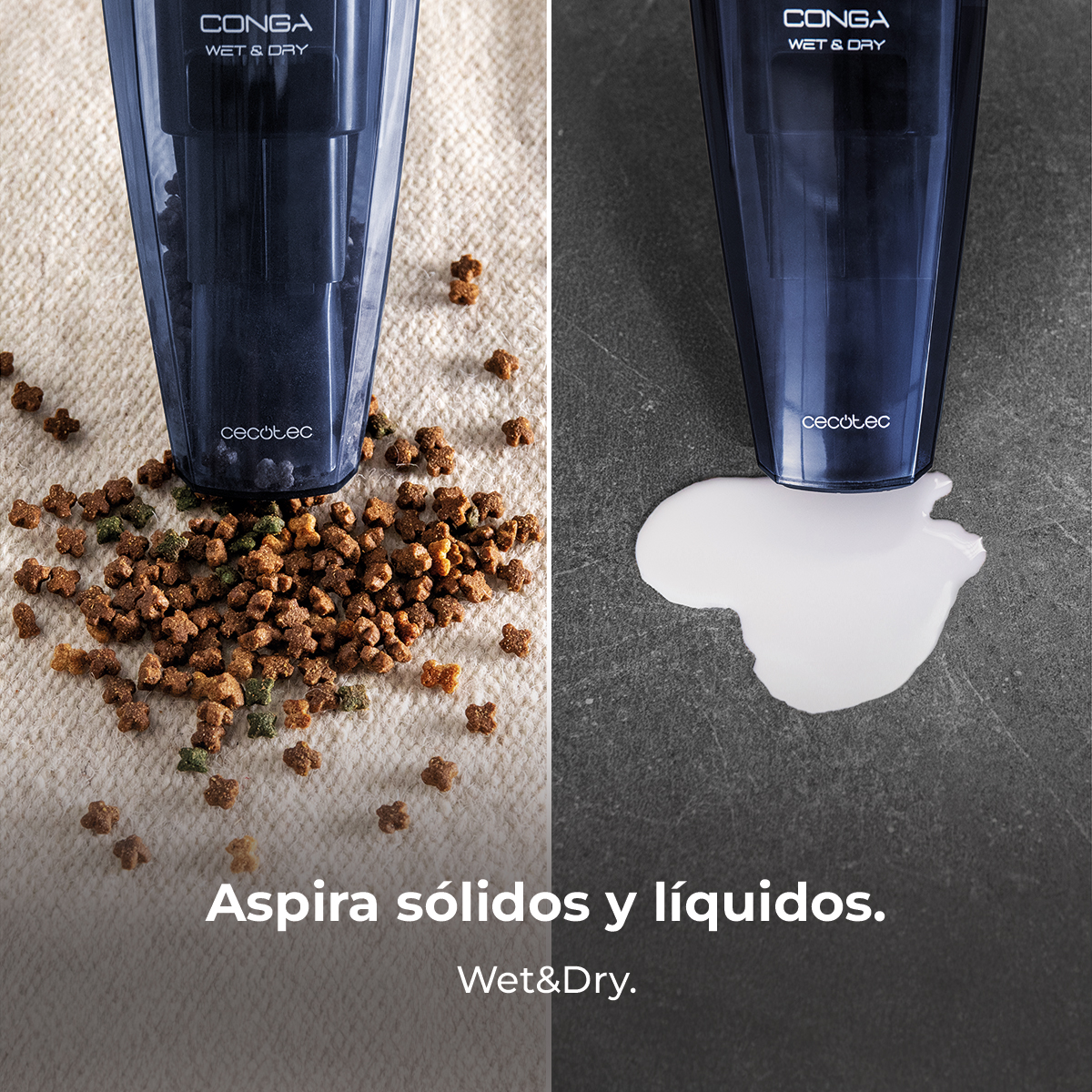 Un aspirador Conga Wet and Dry limpia comida seca a la izquierda y líquido derramado a la derecha.