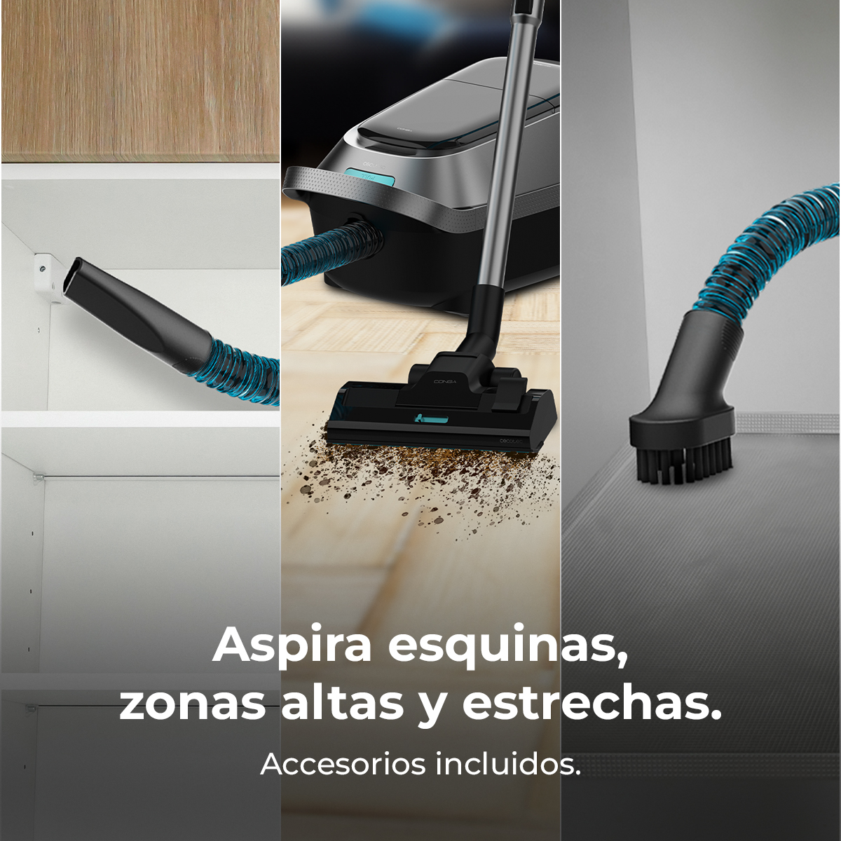 Dichos accesorios de aspiradora limpian esquinas y estanterías.