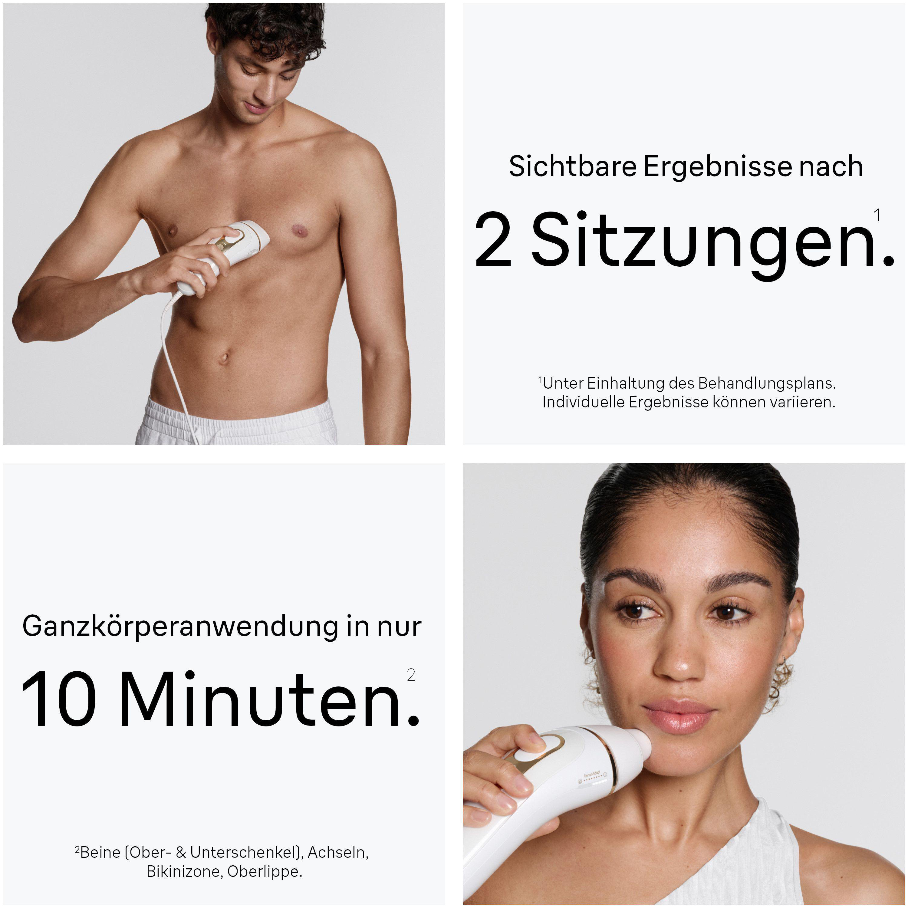 Ein Mann und eine Frau verwenden ein IPL-Haarentfernungsgerat. Textwirbel werben fur schnelle und sichtbare Ergebnisse.