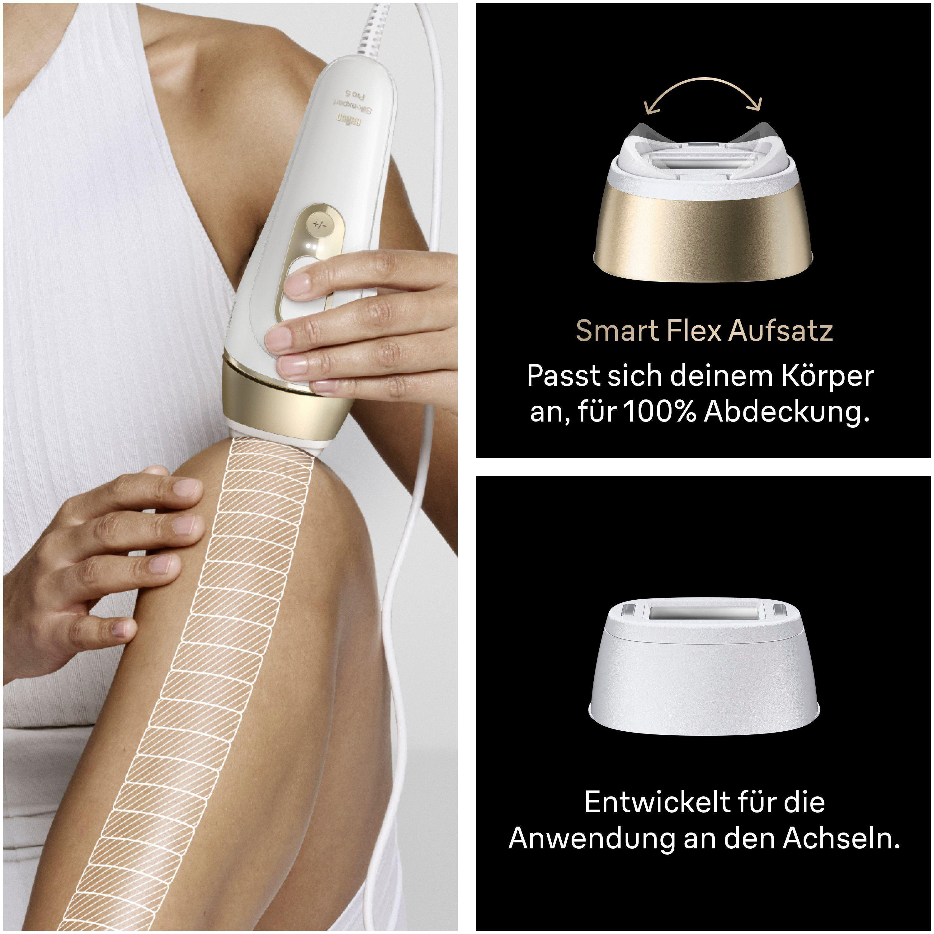 Eine Frau nutzt ein IPL-Gerät am Bein, mit Aufsätzen für Flexibilität und Achseln.