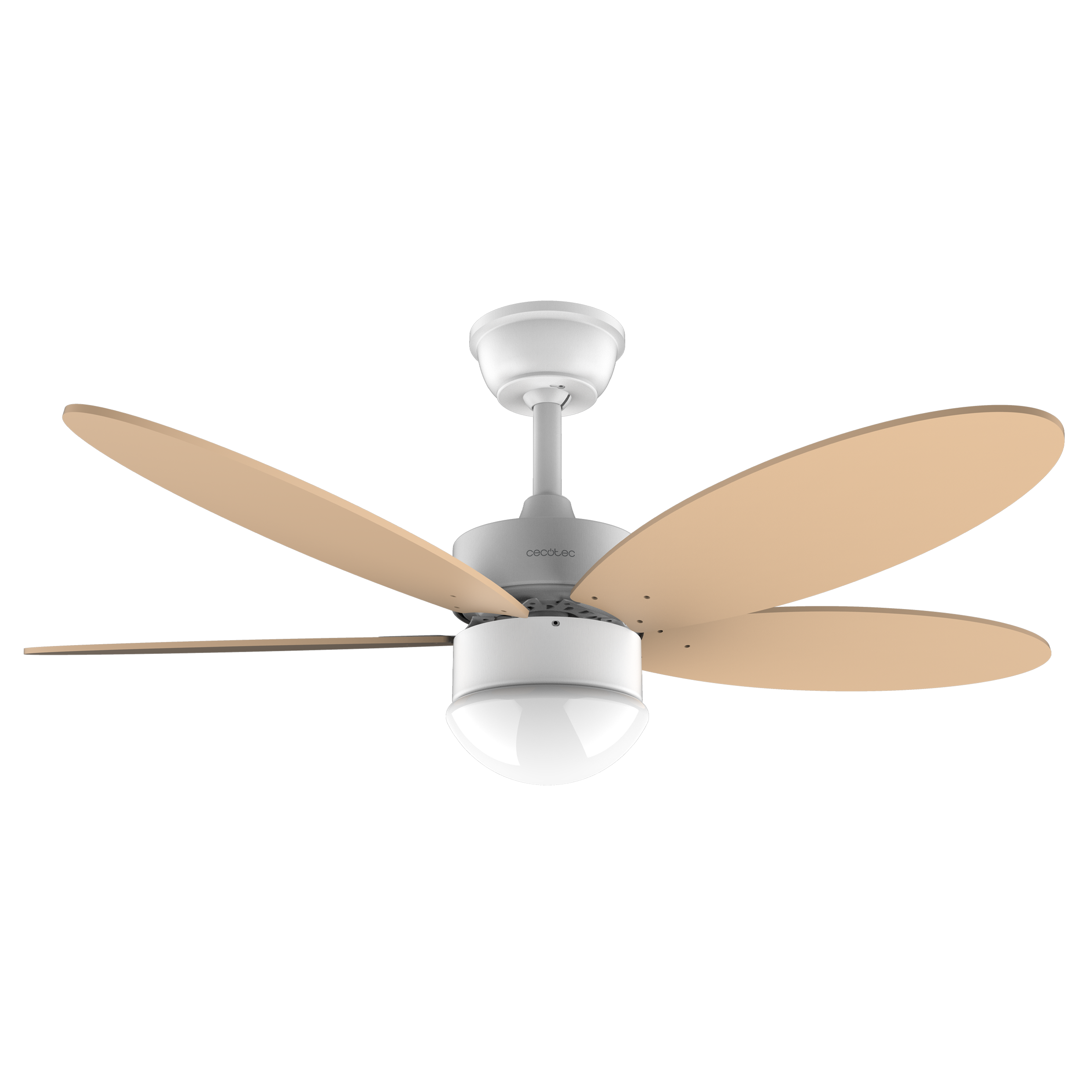 Ventilador de techo blanco con cinco aspas de madera clara y luz integrada sobre un fondo negro.