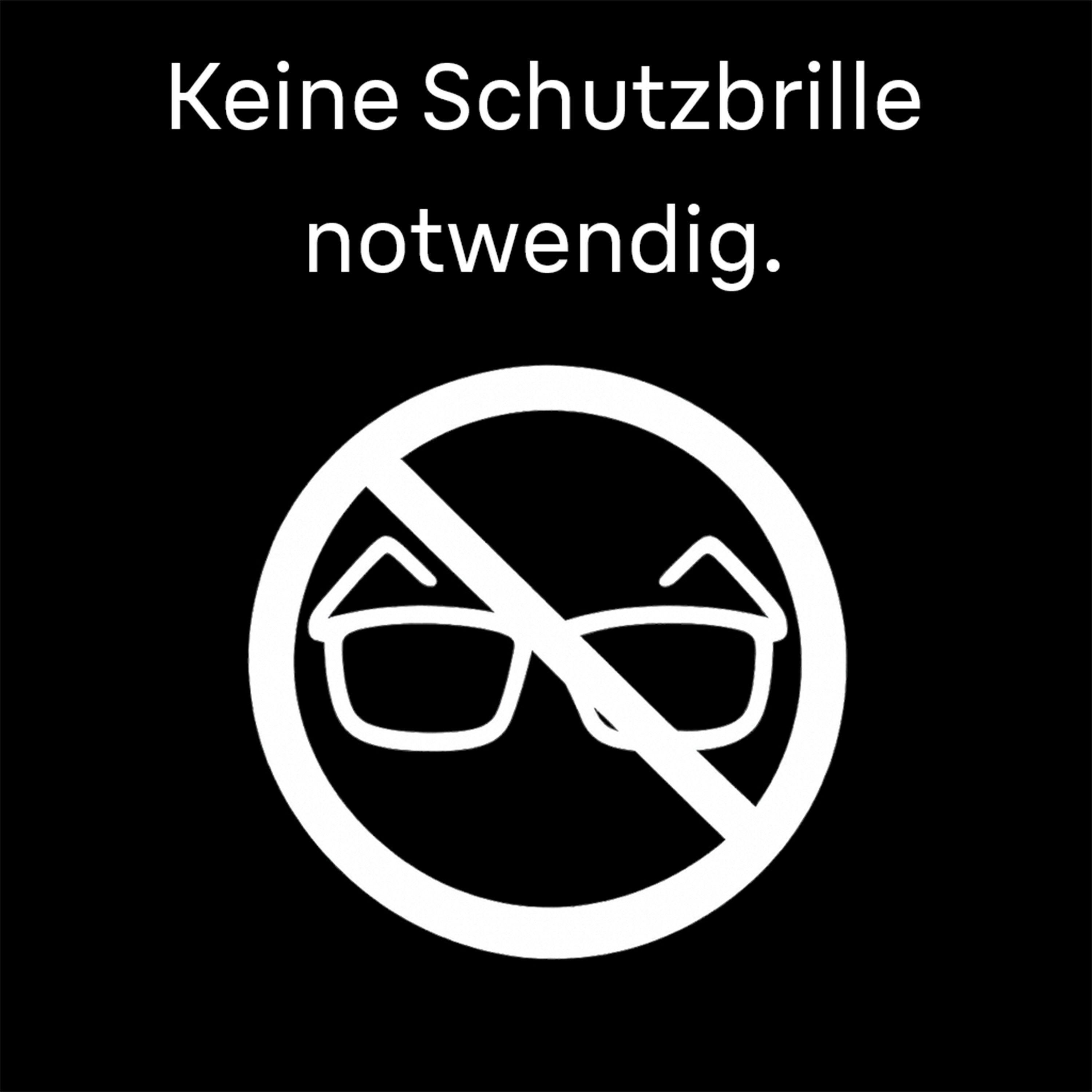 Schوادes Schild mit weißem Verbotssymbol für Schutzbrillen und Text Keine Schutzbrille notwendig.