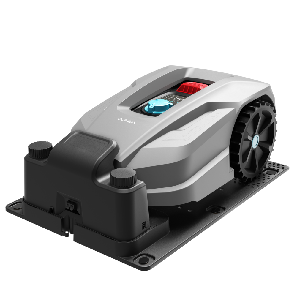 Robot cortacésped gris con rueda negra y base de carga sobre fondo negro.