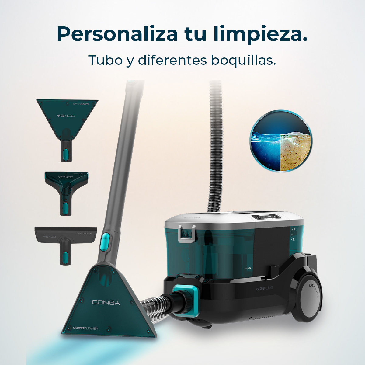 Aspiradora negra y turquesa con accesorios y texto arriba sobre fondo claro.