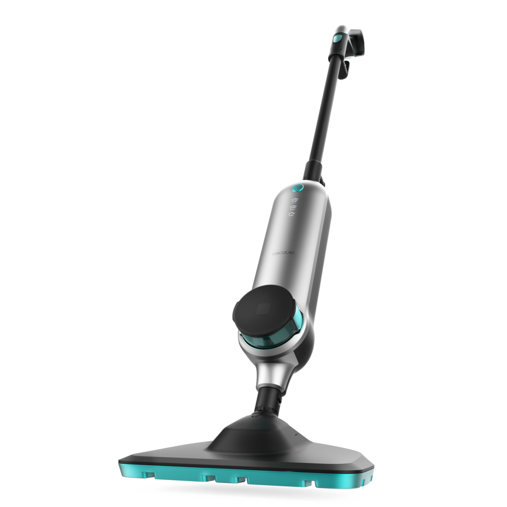 Una mopa a vapor plateada y negra con detalles en turquesa sobre un fondo negro.
