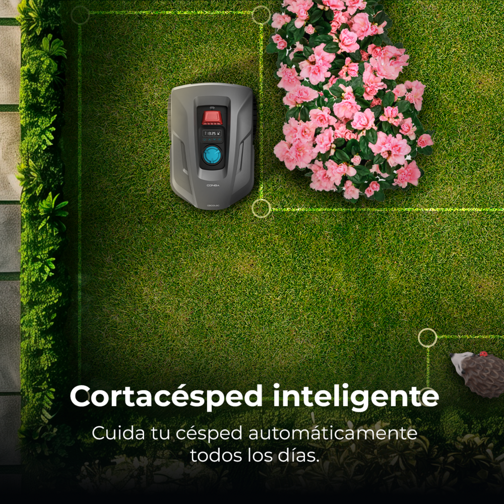 Un cortacésped robótico gris en el césped junto a flores rosas, con texto superpuesto.