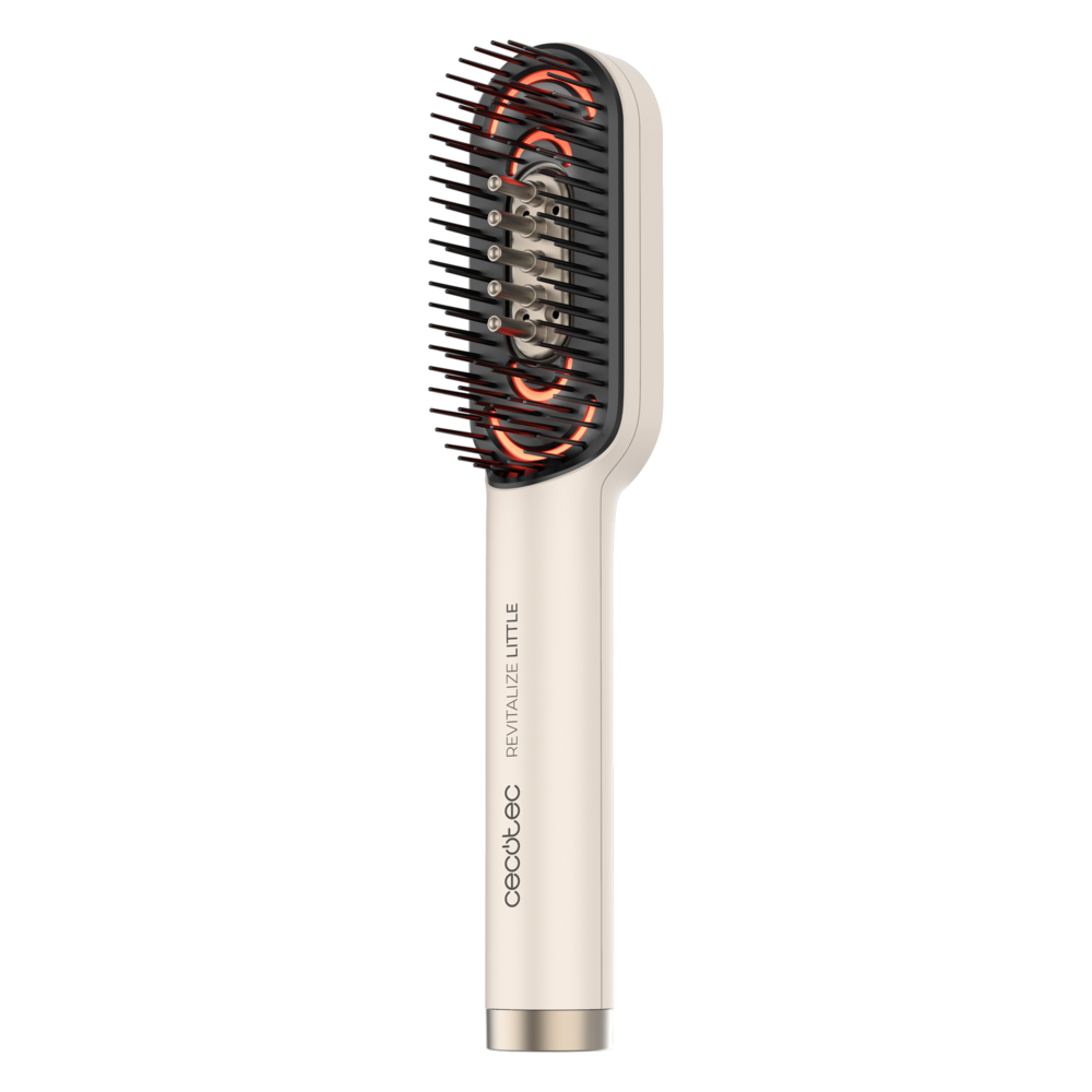 Un cepillo de pelo blanco con elementos rojos brillantes y cerdas negras sobre fondo negro.