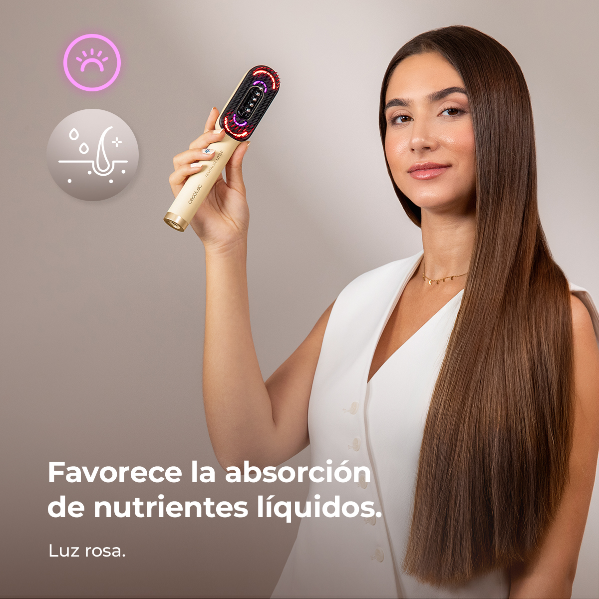 Una mujer sostiene un cepillo para el cabello con luz roja, iconos y texto sobre absorción de nutrientes.