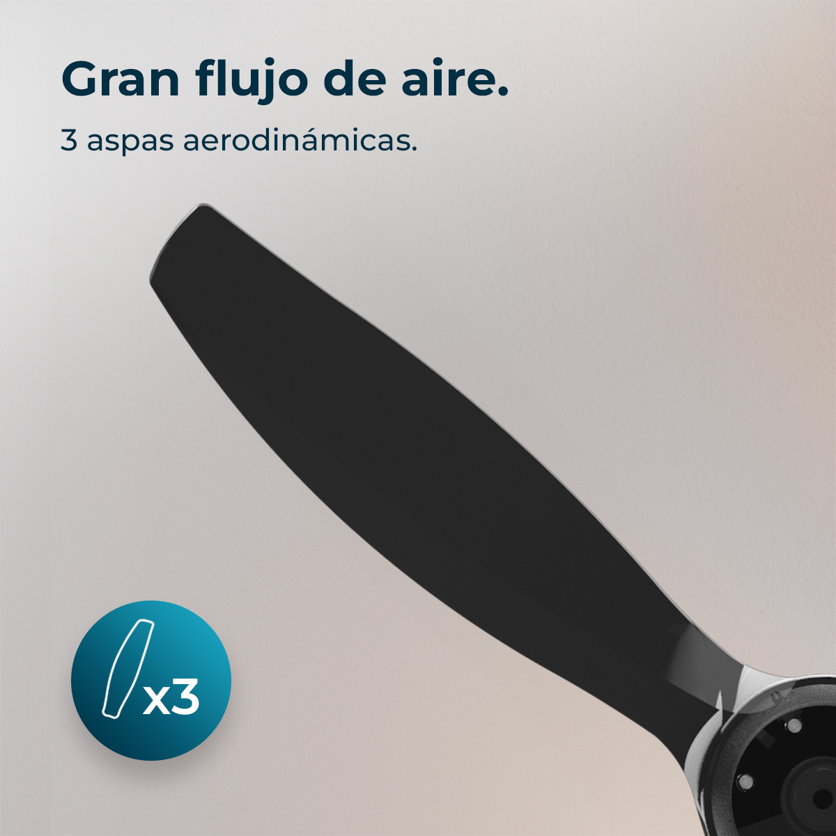 Primer plano de una aspa de ventilador de techo negra con texto en español.