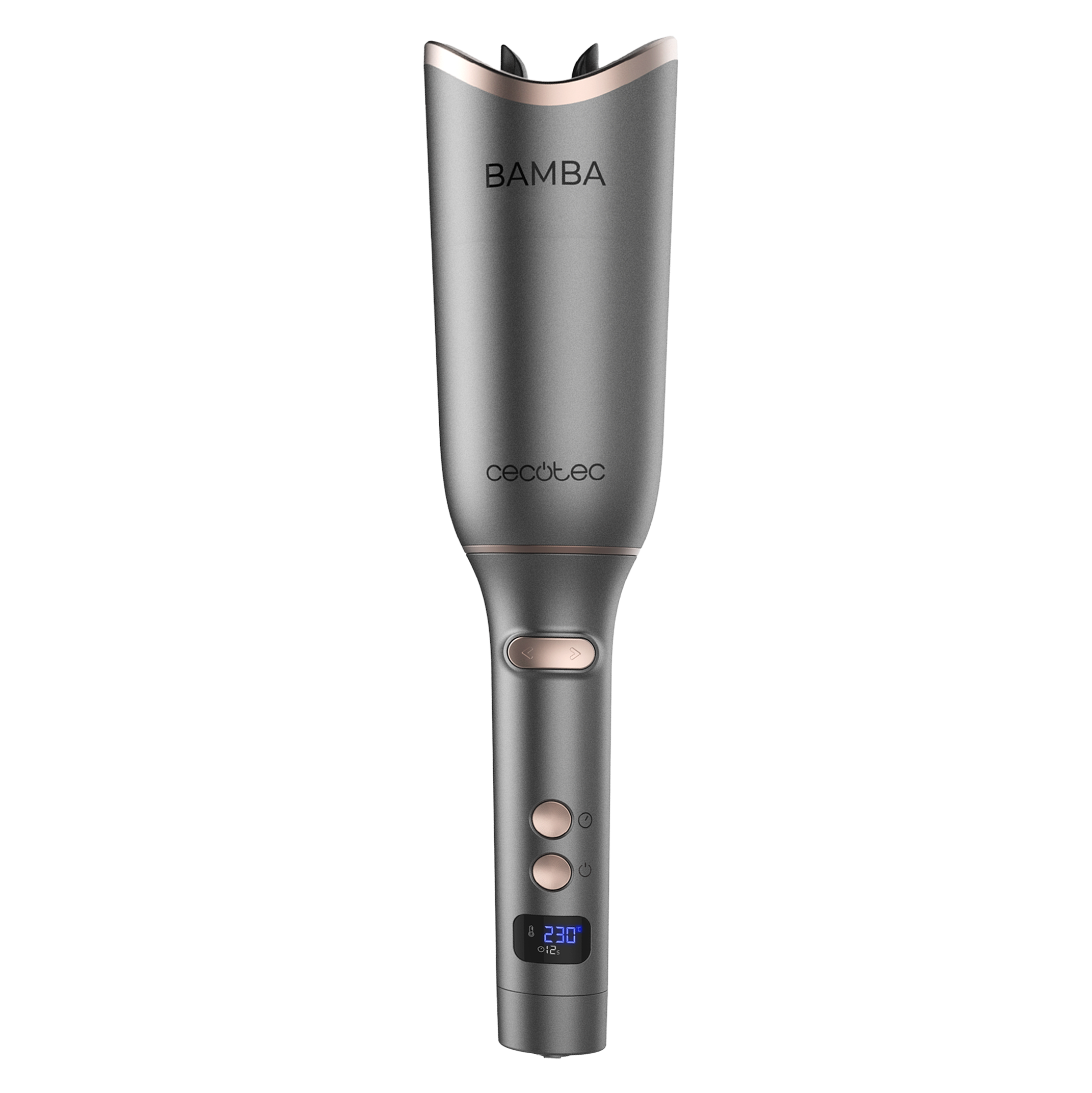 Un rizador de pelo automático Bamba Cecotec gris con detalles en oro rosa y pantalla digital.