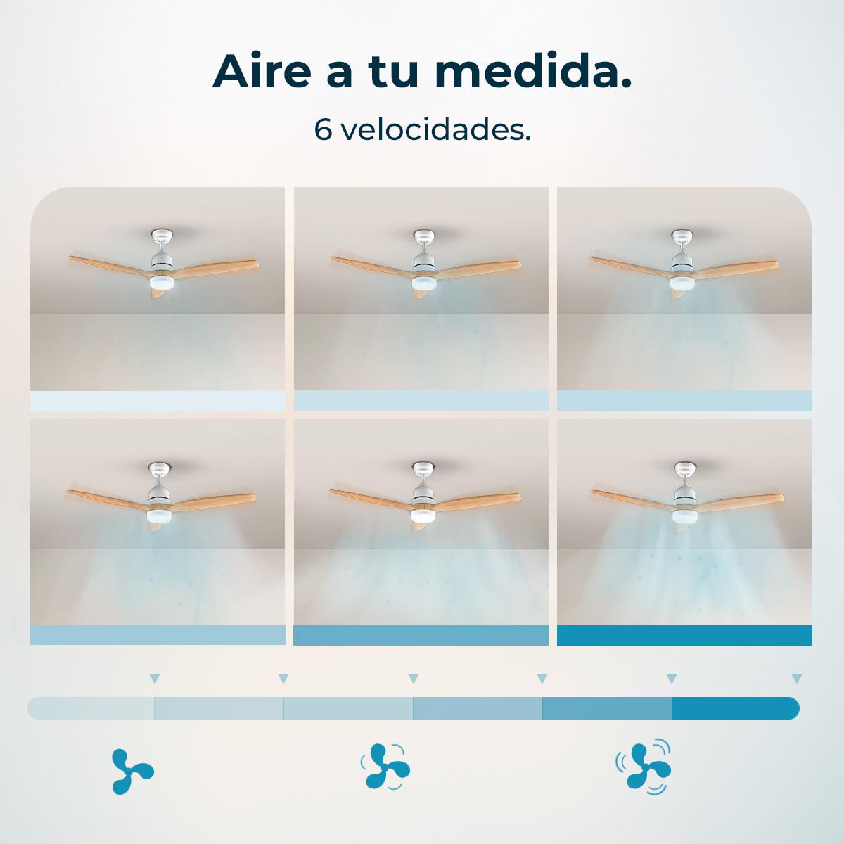 Seis imágenes muestran un ventilador de techo con aspas de madera a diferentes velocidades.