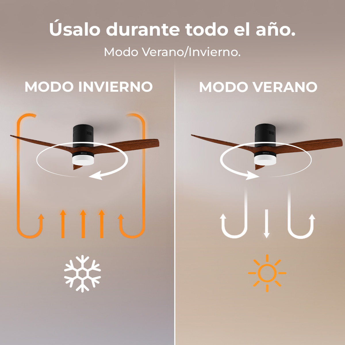 Comparación de dos ventiladores de techo con modos verano e invierno, indicados con flechas, sol y copo de nieve.