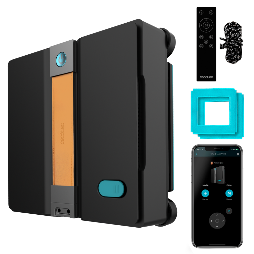 Robot limpiacristales negro con accesorios como mando, mopas de limpieza y app móvil.