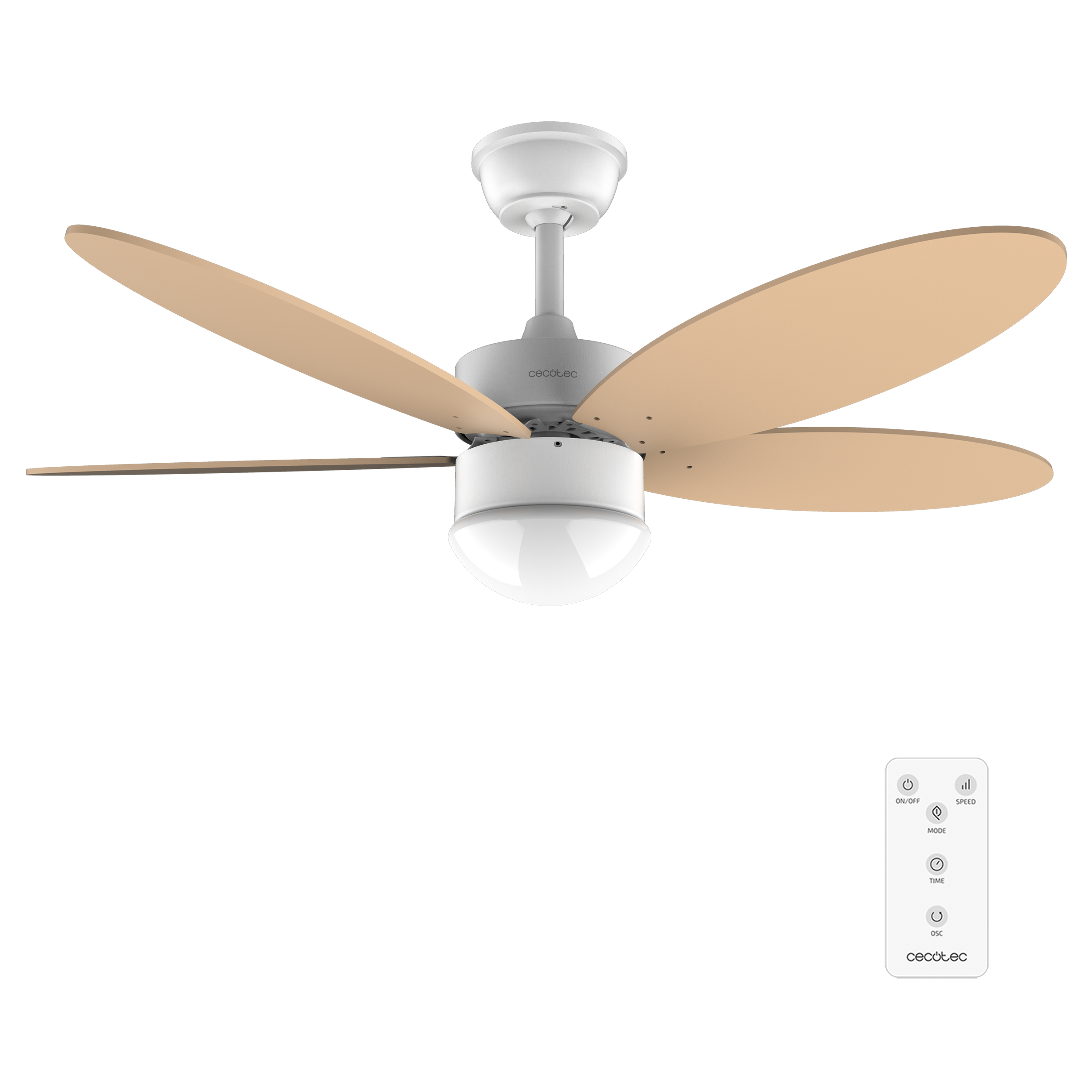 Ventilador de techo blanco con aspas de madera clara, lámpara integrada y mando a distancia blanco sobre fondo negro.