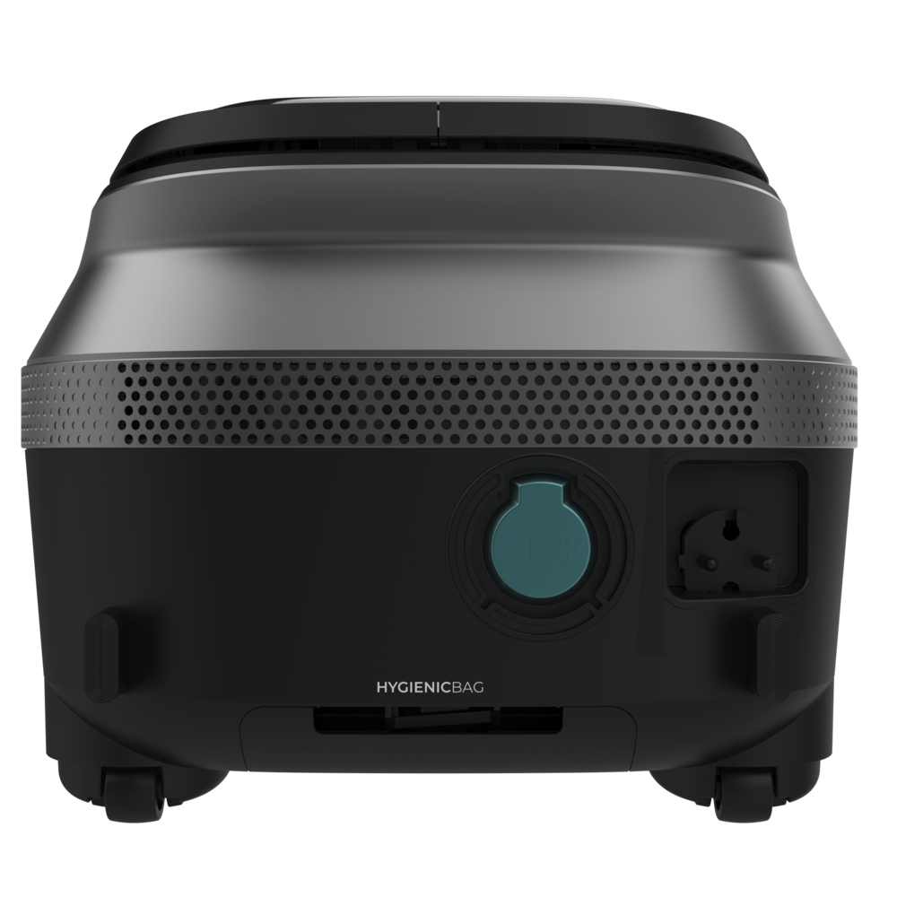 Vista trasera de un dispositivo negro moderno con rejilla de ventilación, enchufes, texto HYGIENICBAG y ruedas.