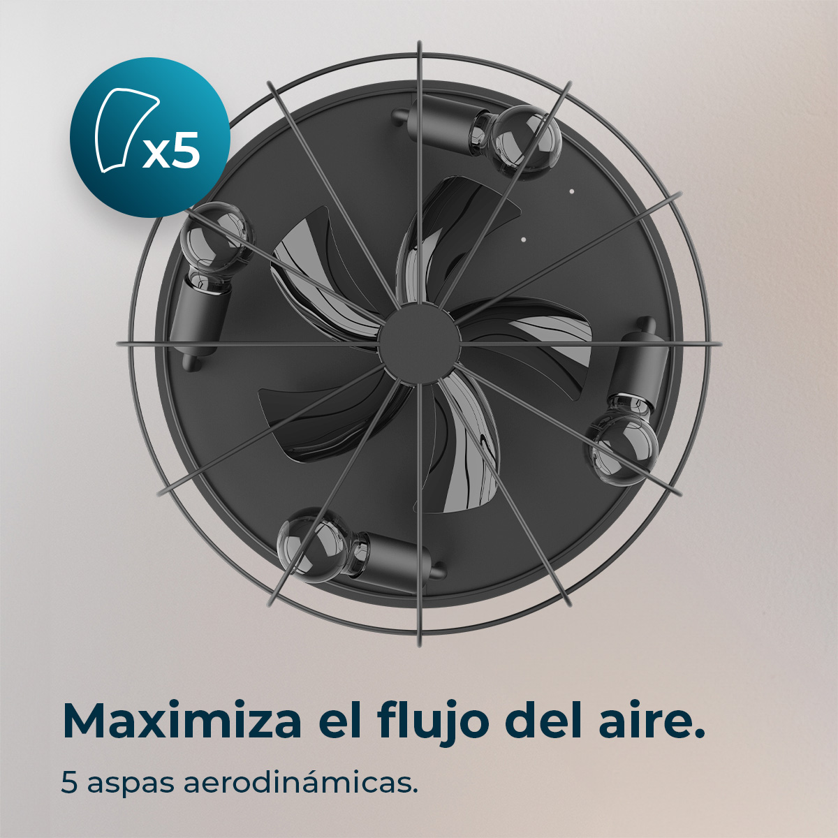 Ventilador de techo negro con rejilla, cinco aspas y cuatro bombillas.