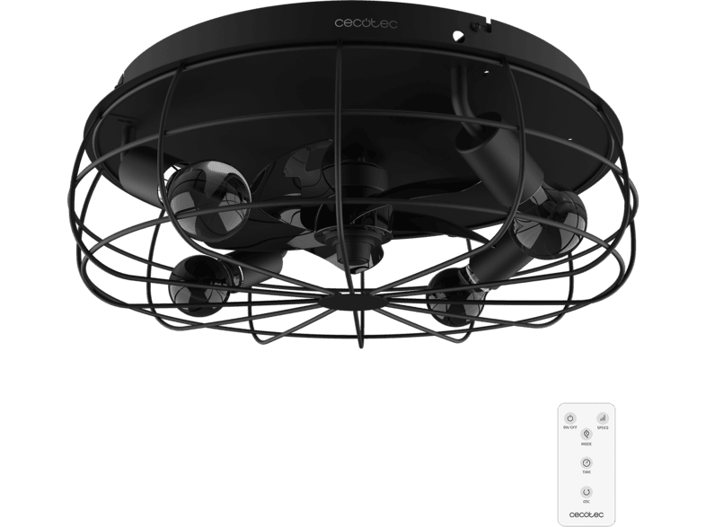 Ventilador de techo - Cecotec EnergySilence LampAero 600 Iron Design Expert, 20 W, 5 aspas, Mando, Temporizador y función Verano/Invierno, Negro