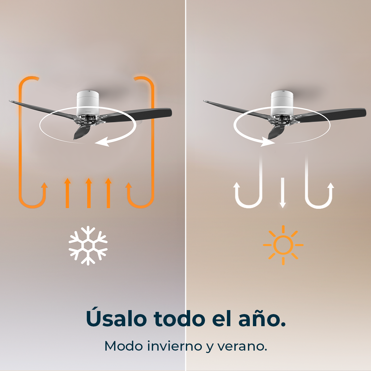 Comparacion de dos ventiladores de techo con graficos de modo invierno y verano y el texto Usalo todo el ano.