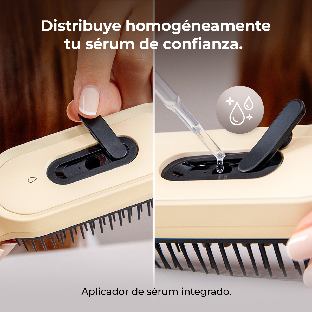 Una mano abre la tapa de un cepillo y una gota de sérum cae con un gotero.