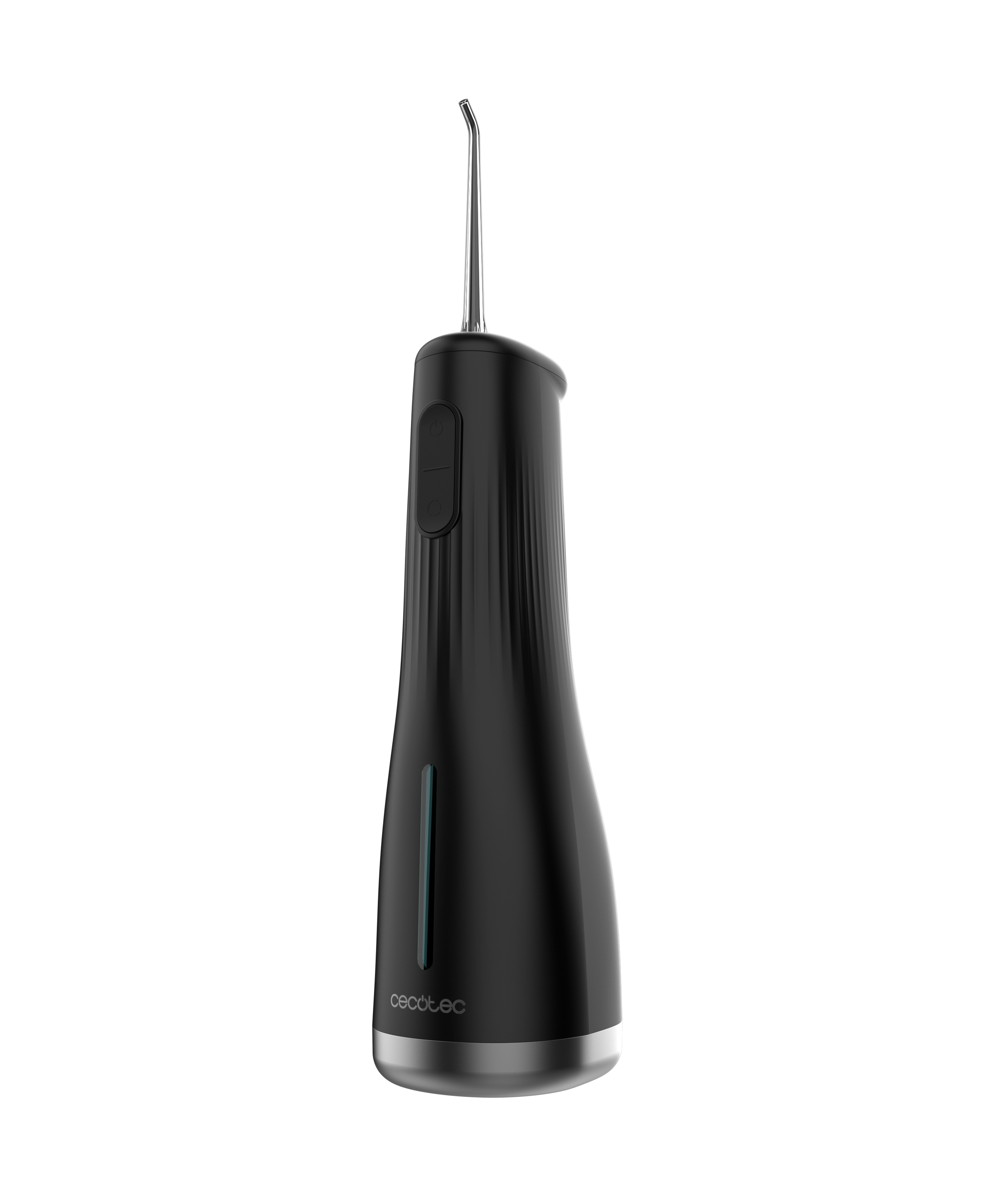 Irrigador oral inalámbrico negro con base plateada y boquilla sobre fondo negro.