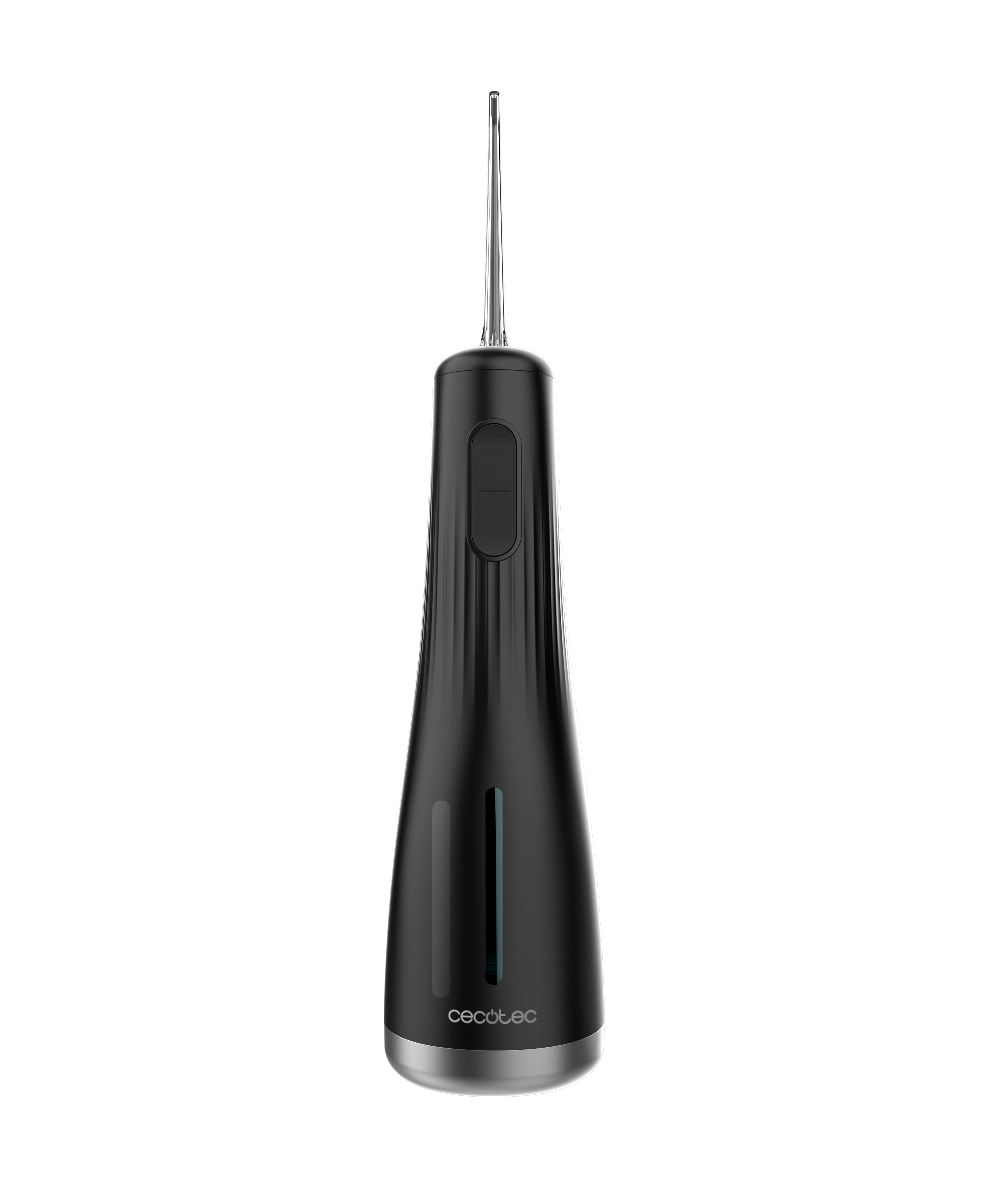 Un irrigador bucal inalámbrico negro y elegante con boquilla transparente sobre fondo negro.