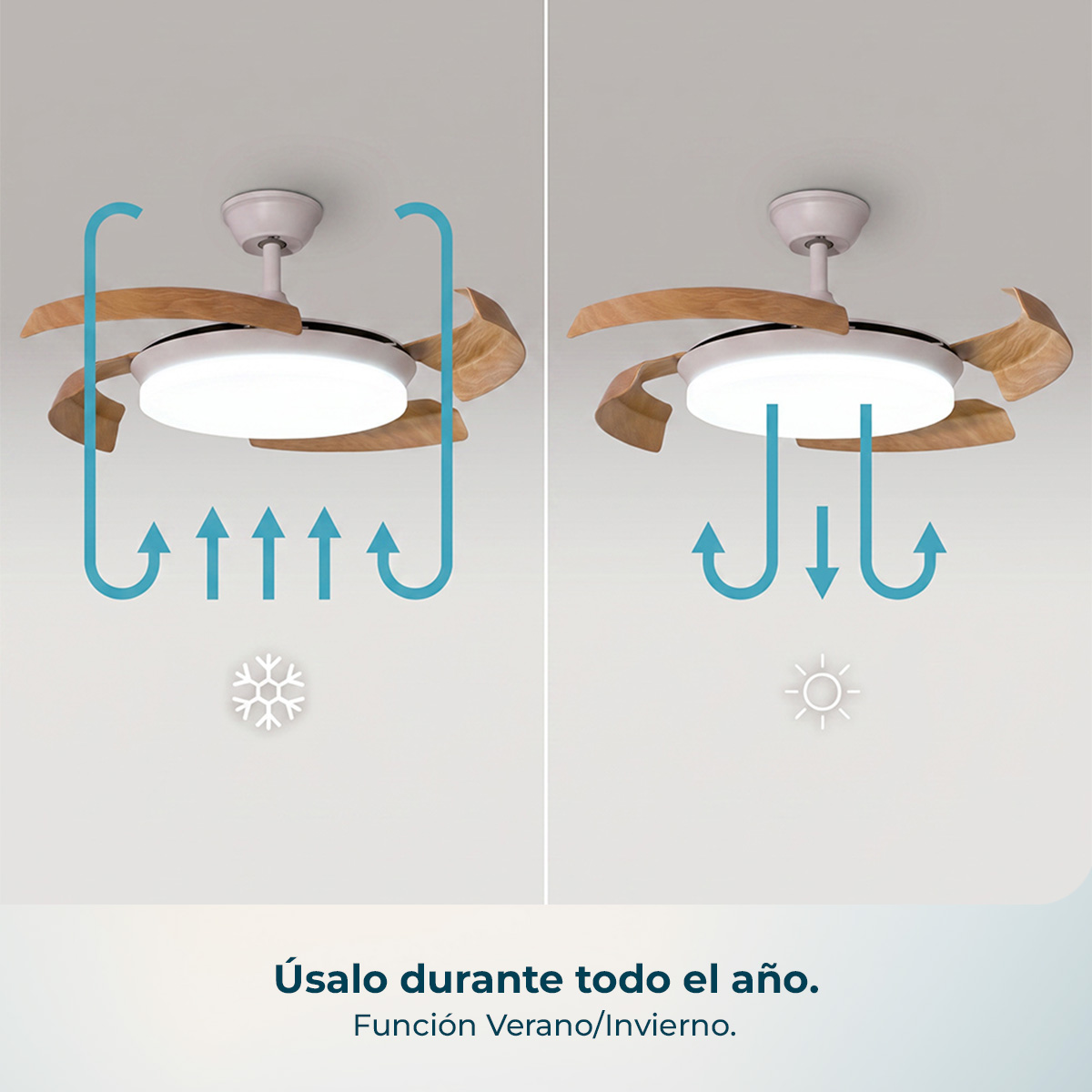 Ventilador de techo con modo verano e invierno, ilustrado con flechas de flujo de aire azules.