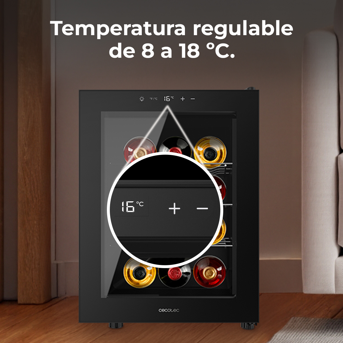 Enfriador de vino negro con puerta de cristal y pantalla digital que muestra 16 grados.