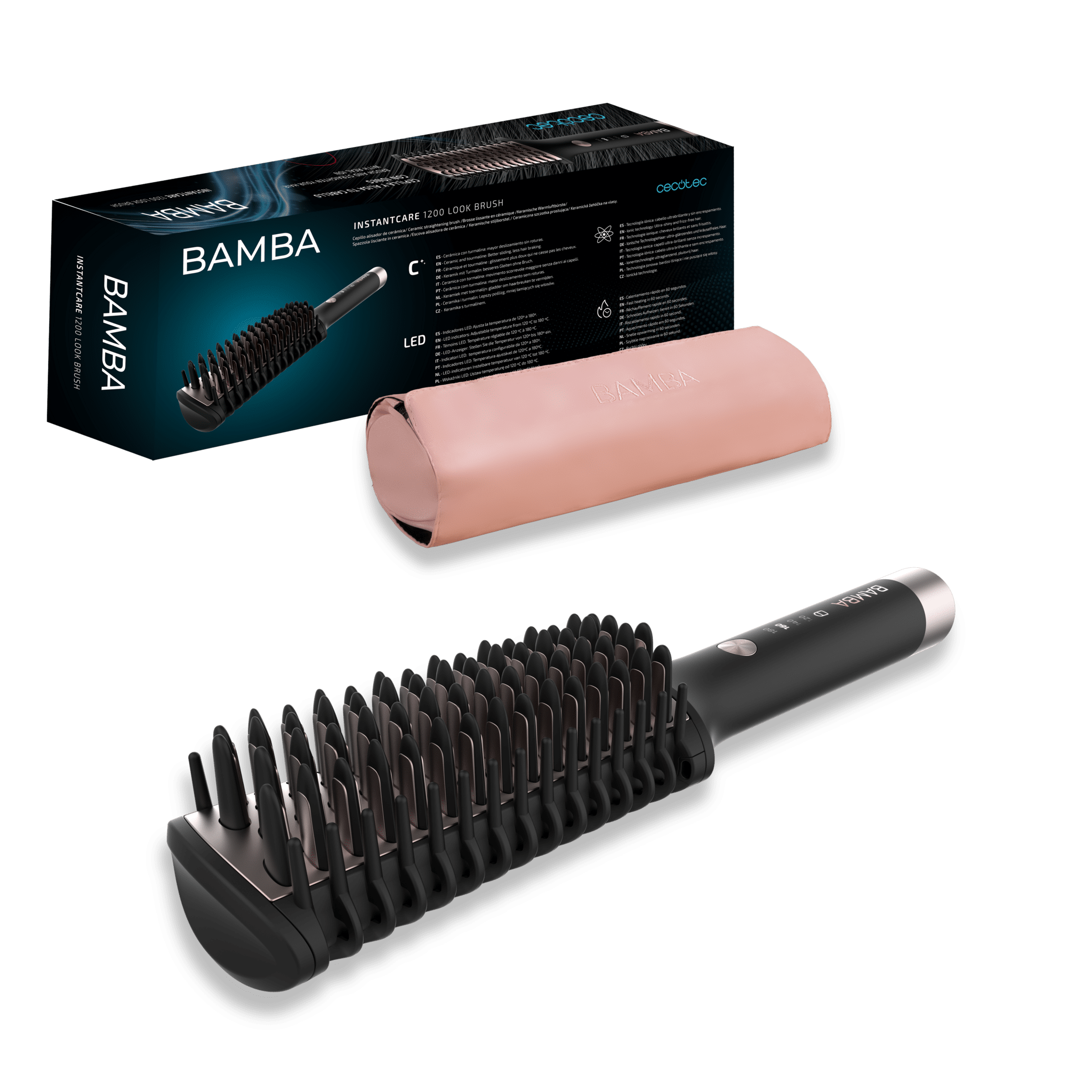 Cepillo alisador BAMBA con su caja negra y estuche rosa.