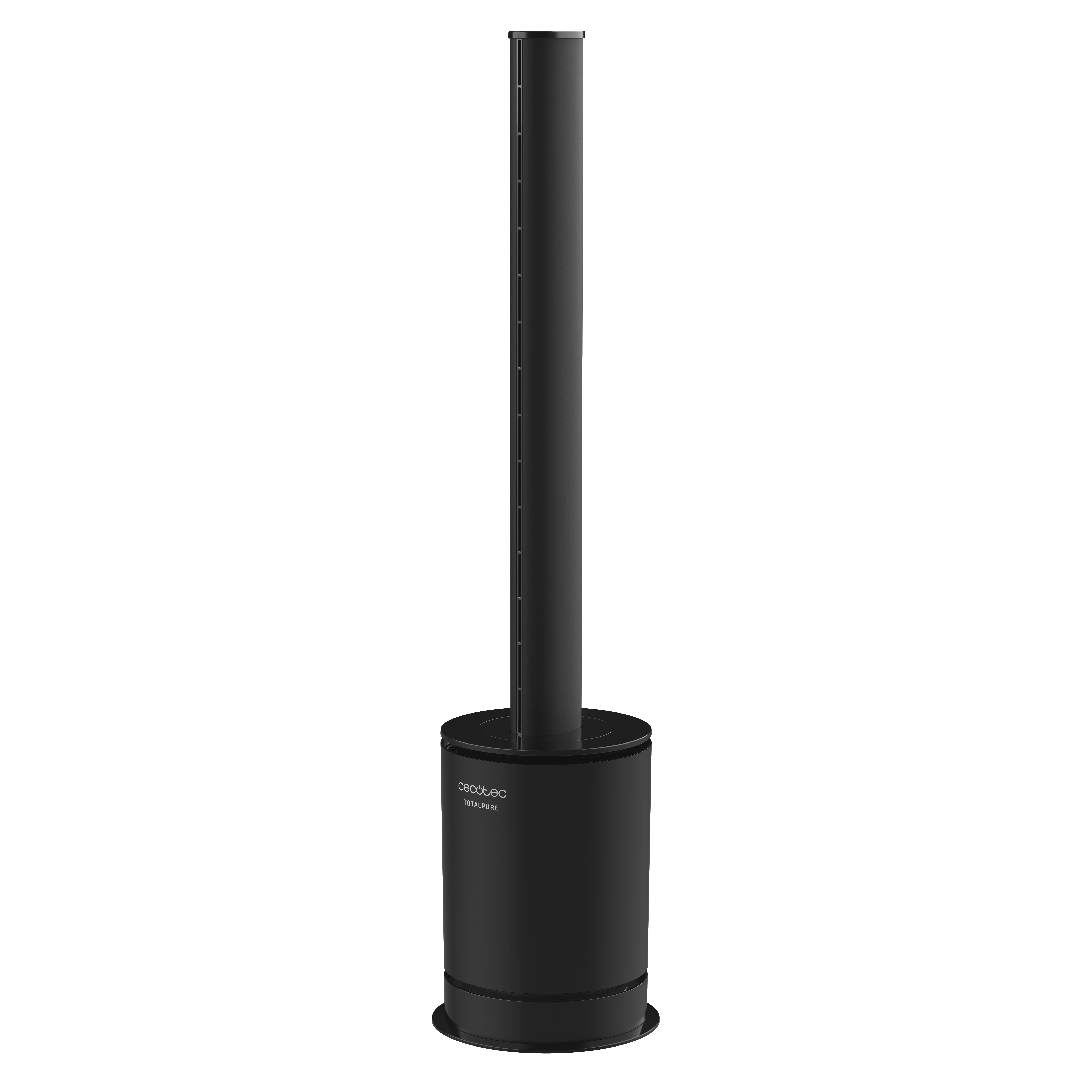 Un elegante ventilador de torre negro con una base cilíndrica sobre fondo negro.
