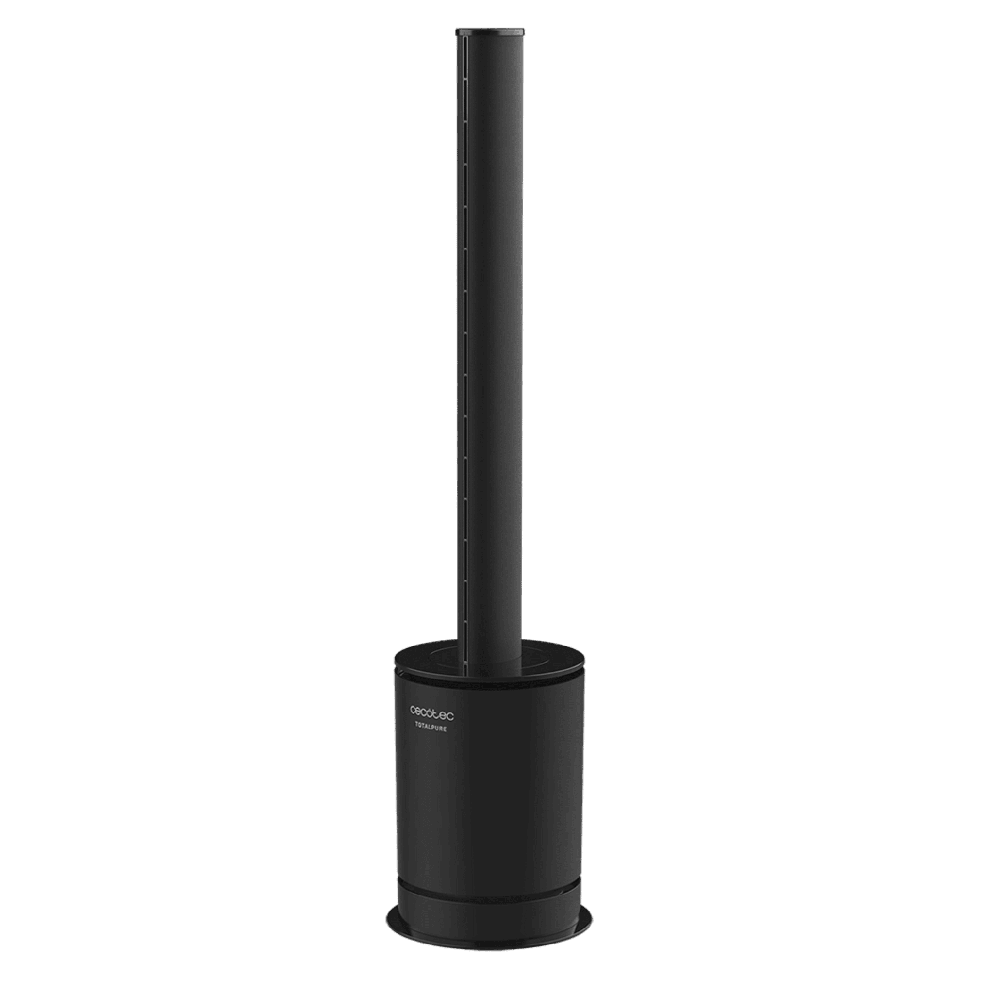 Un ventilador de torre Cecotec Totalpure alto y negro sobre un fondo negro.