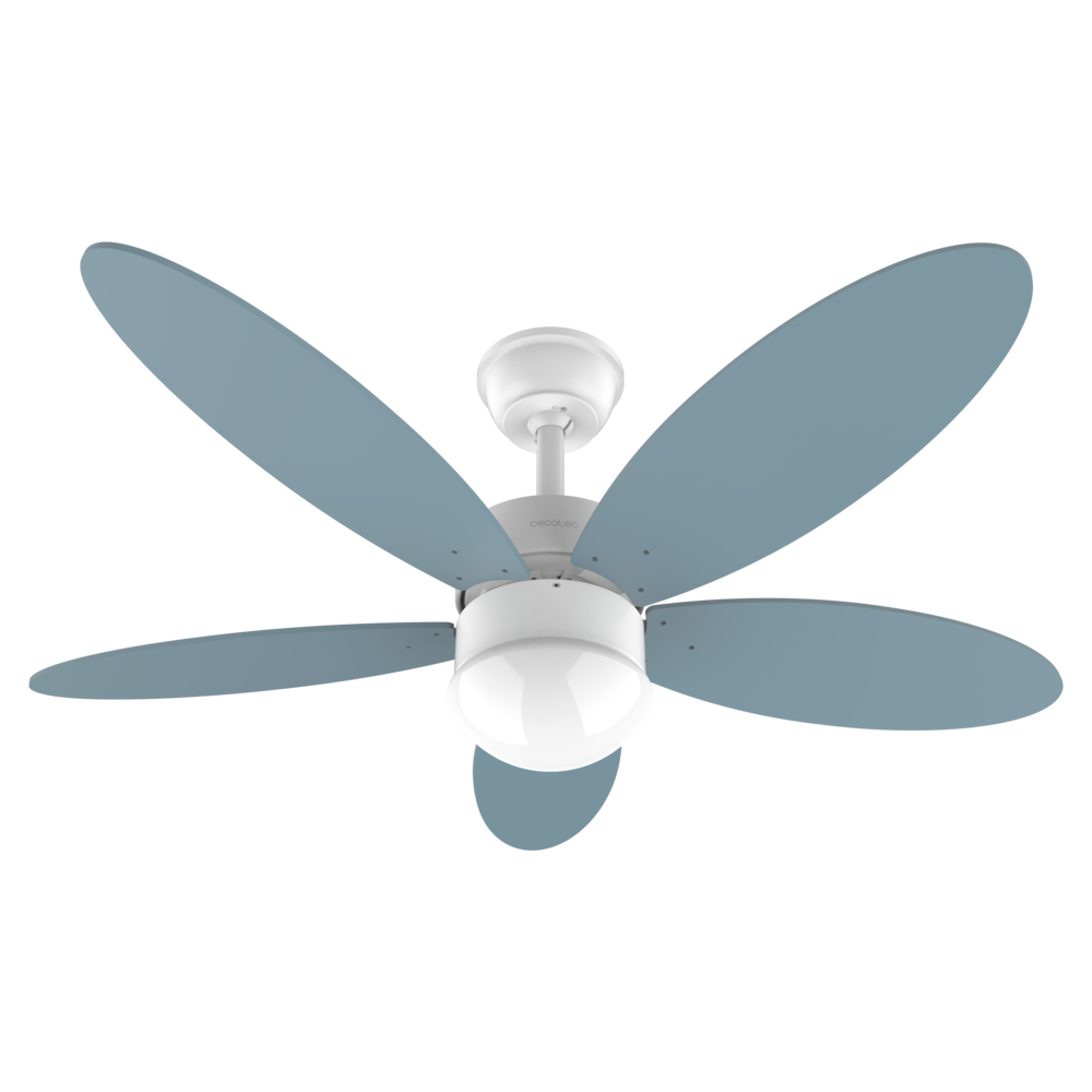 Un ventilador de techo blanco con cinco aspas azul claro y una lámpara redonda integrada sobre fondo negro.