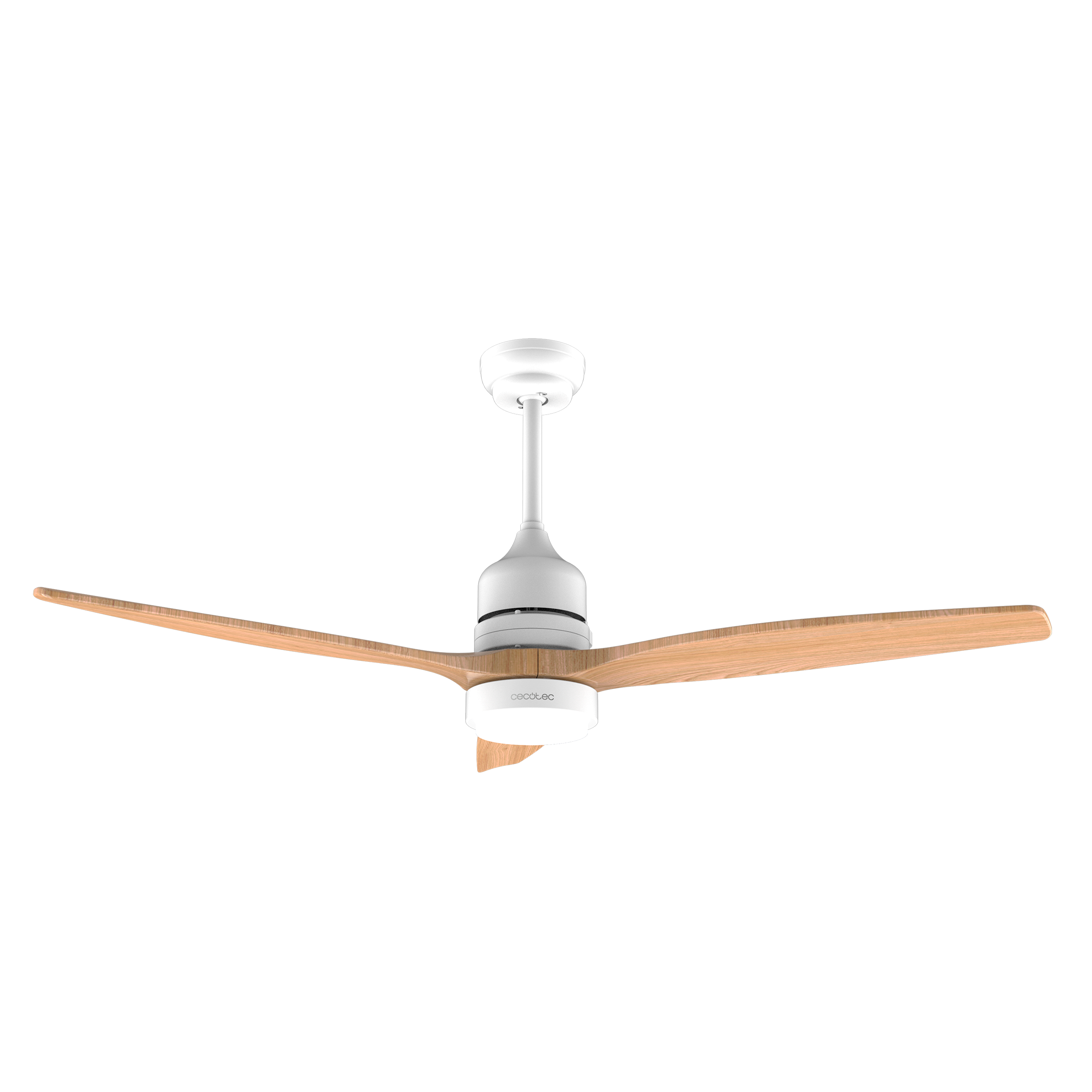 Un ventilador de techo moderno con carcasa de motor blanca, tija y luz, junto con tres aspas con acabado de madera clara.