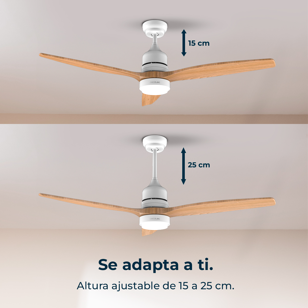 Ventilador de techo blanco con aspas de madera, altura ajustable de 15 a 25 cm.