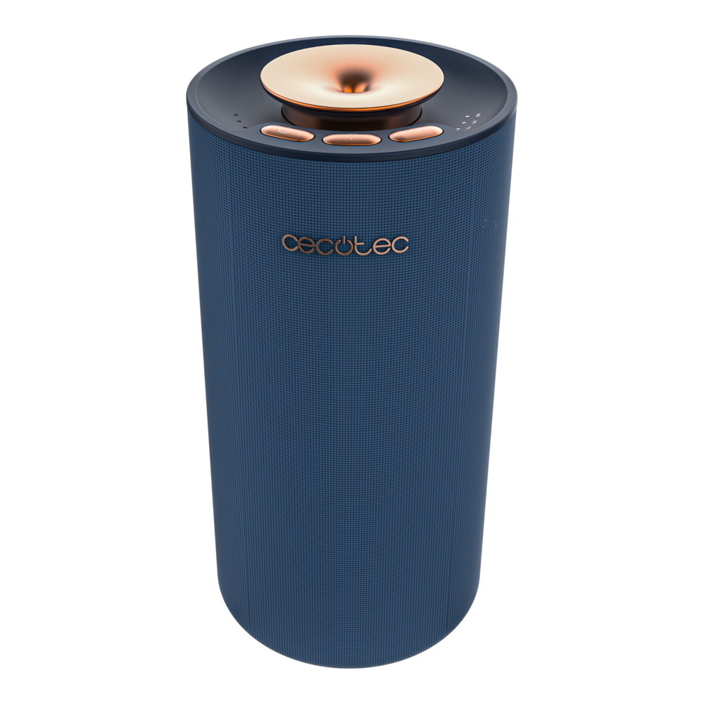 Altavoz bluetooth cilíndrico azul con detalles en cobre y logo de la marca sobre fondo negro.