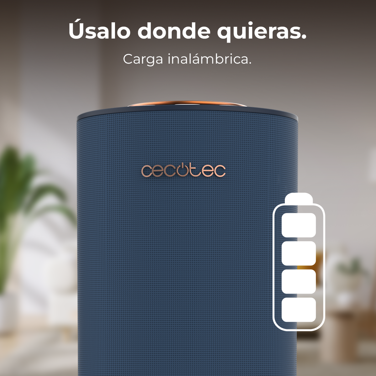 Deshumidificador azul Cecotec con gráfico de batería y texto en la parte superior.