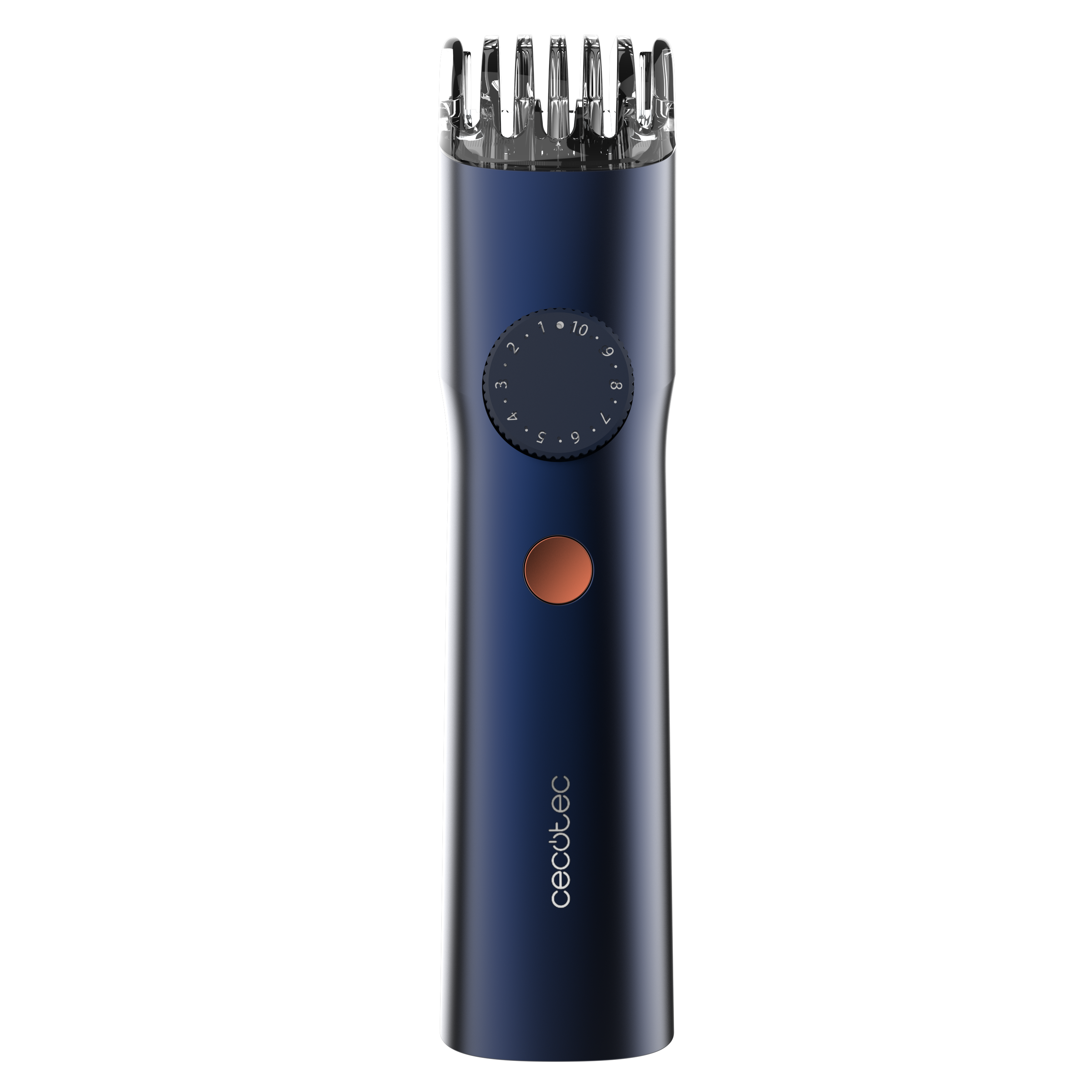 Recortadora de barba azul con rueda de ajuste, botón de encendido de cobre y peine guía transparente.