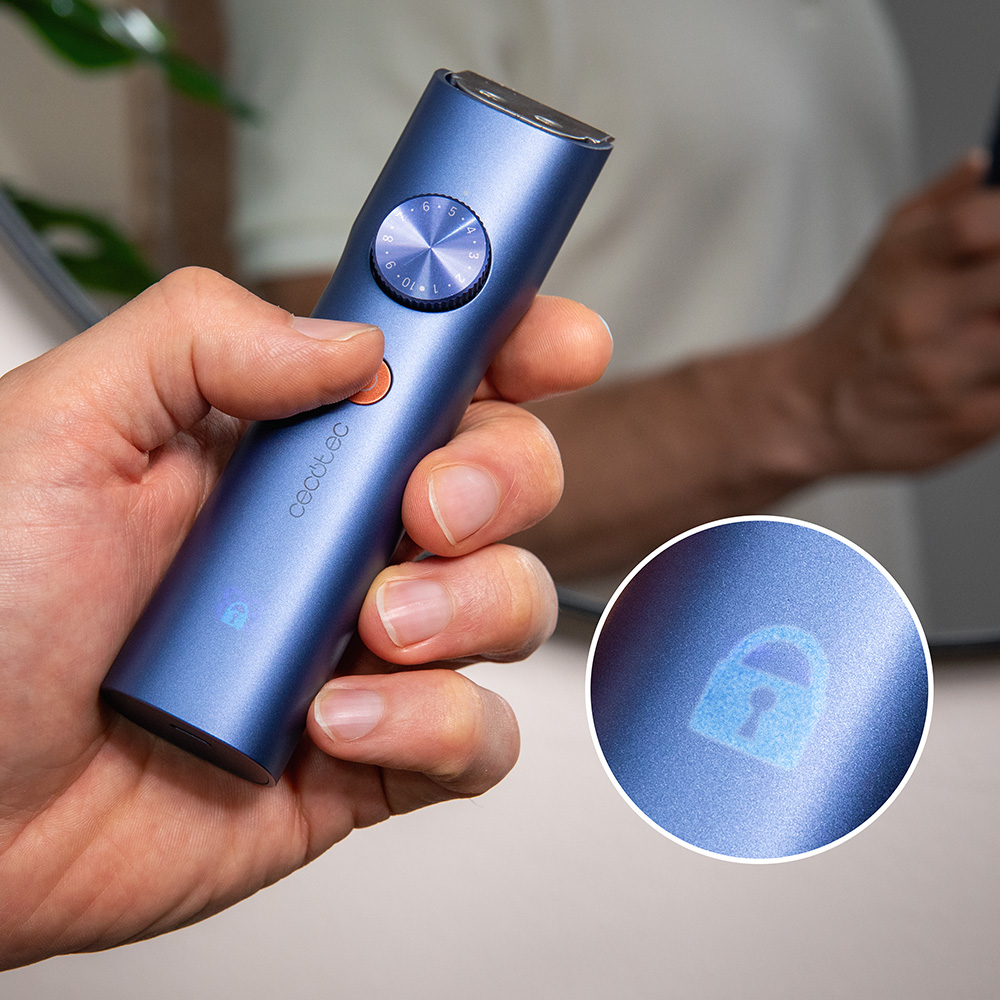 Una mano sostiene una recortadora azul con icono de candado digital y rueda.