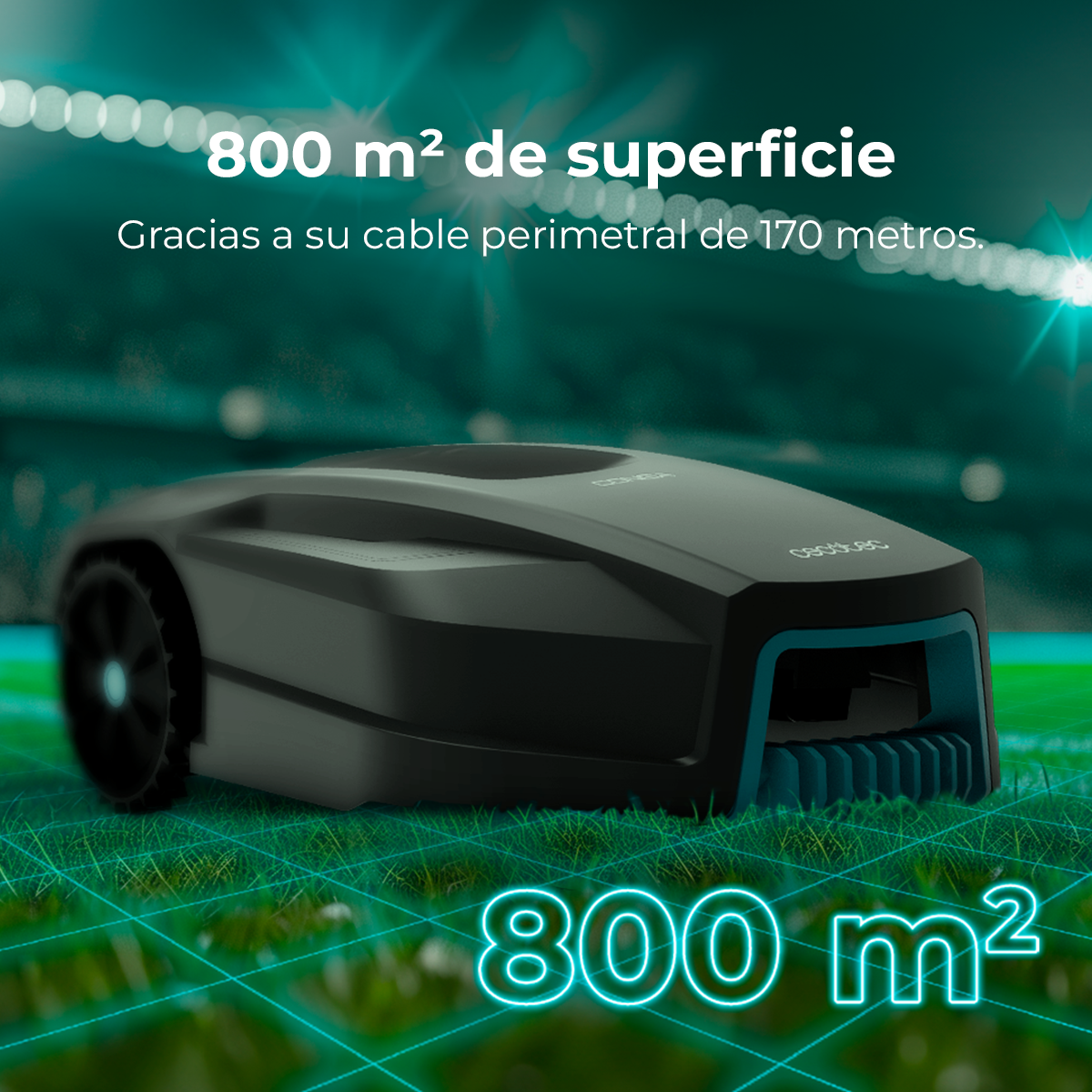 Un cortacésped robótico negro en un césped verde brillante con texto en español.