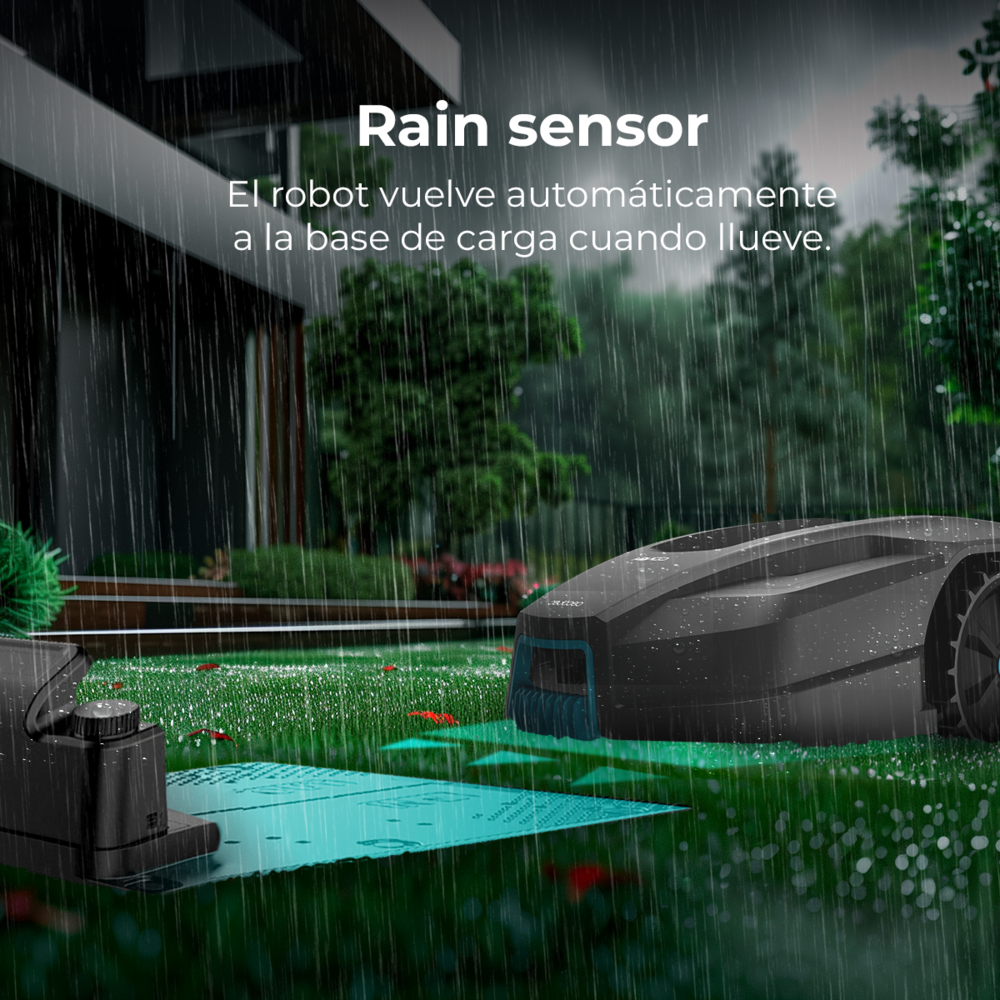 Un robot cortacésped regresa a su base de carga en un día lluvioso en un jardín verde.