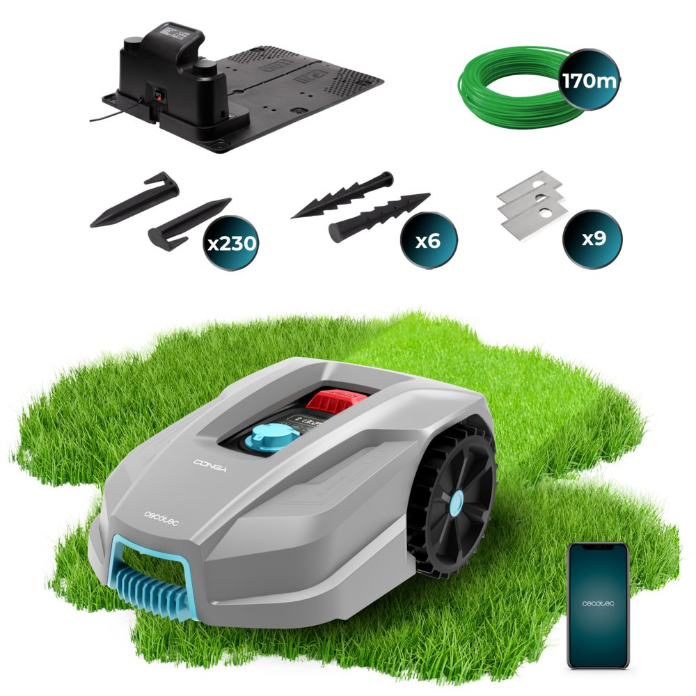 Un cortacésped robótico gris en el césped con su base de carga, cable delimitador, estacas, cuchillas y un smartphone.